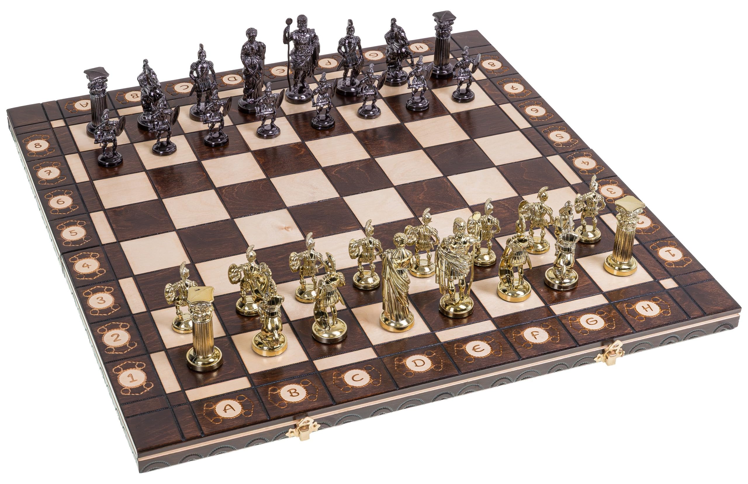 Square - Echecs Romain Gold - Échiquier en Bois - 52 x 52 cm & Pièces d'échecs métallisées - Noir et Argent – Artisanat