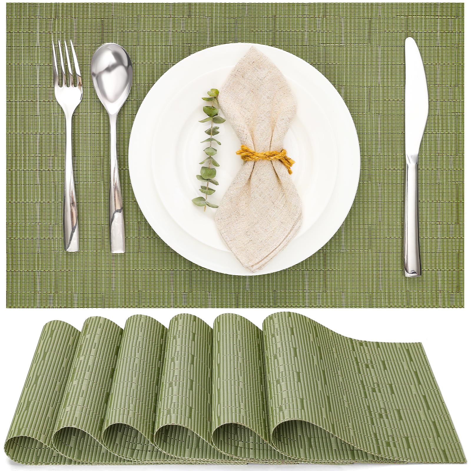 Myir JUN Table Mats Set of 6, Place Mats Table Placemats Washable Non-slip Heat Insulation Woven Vinyl for Kitchen Dinning Restaurant 17"X12" (Green)