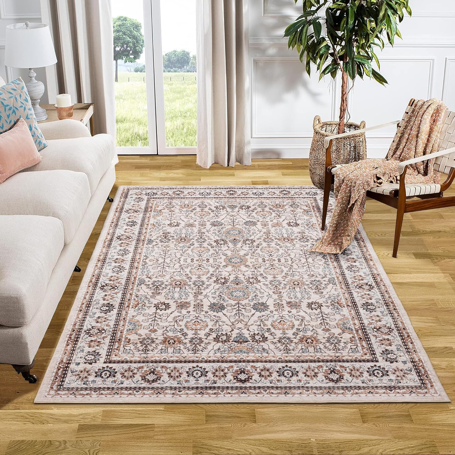 5x7 Washable Non-Slip Area Rugs for Living Room, Dining Room, Bedroom Home Office-Vintage Floral Soft Non-Shedding Distressed Faux Wool Area Rugs (Beige 5'×7')