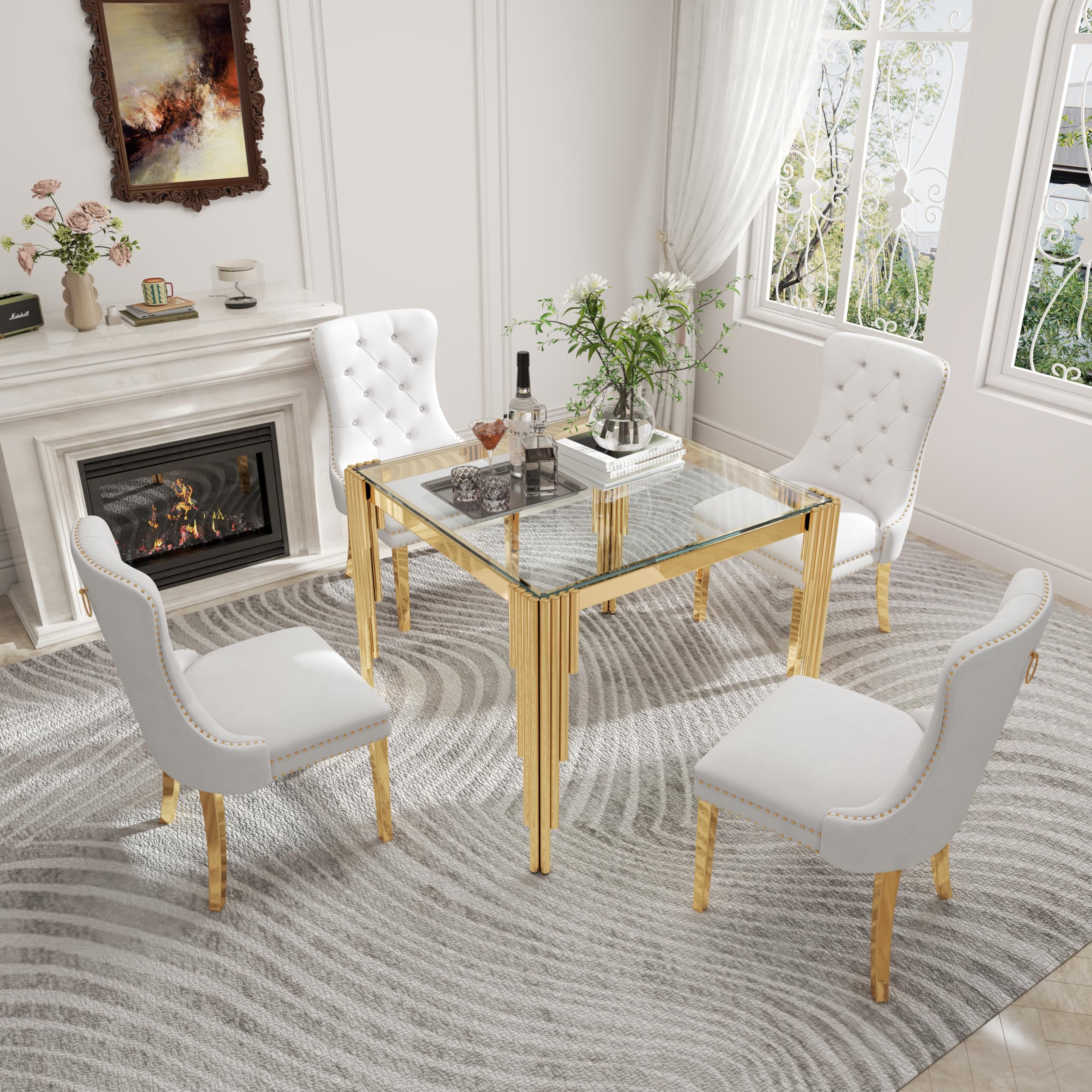 5 Piece Square Glass Dining Table Set for 4, 36" Kitchen Table Set with 4 Velvet Chairs, Tempered Glass Tabletop with Stainless Steel Legs, Suitable