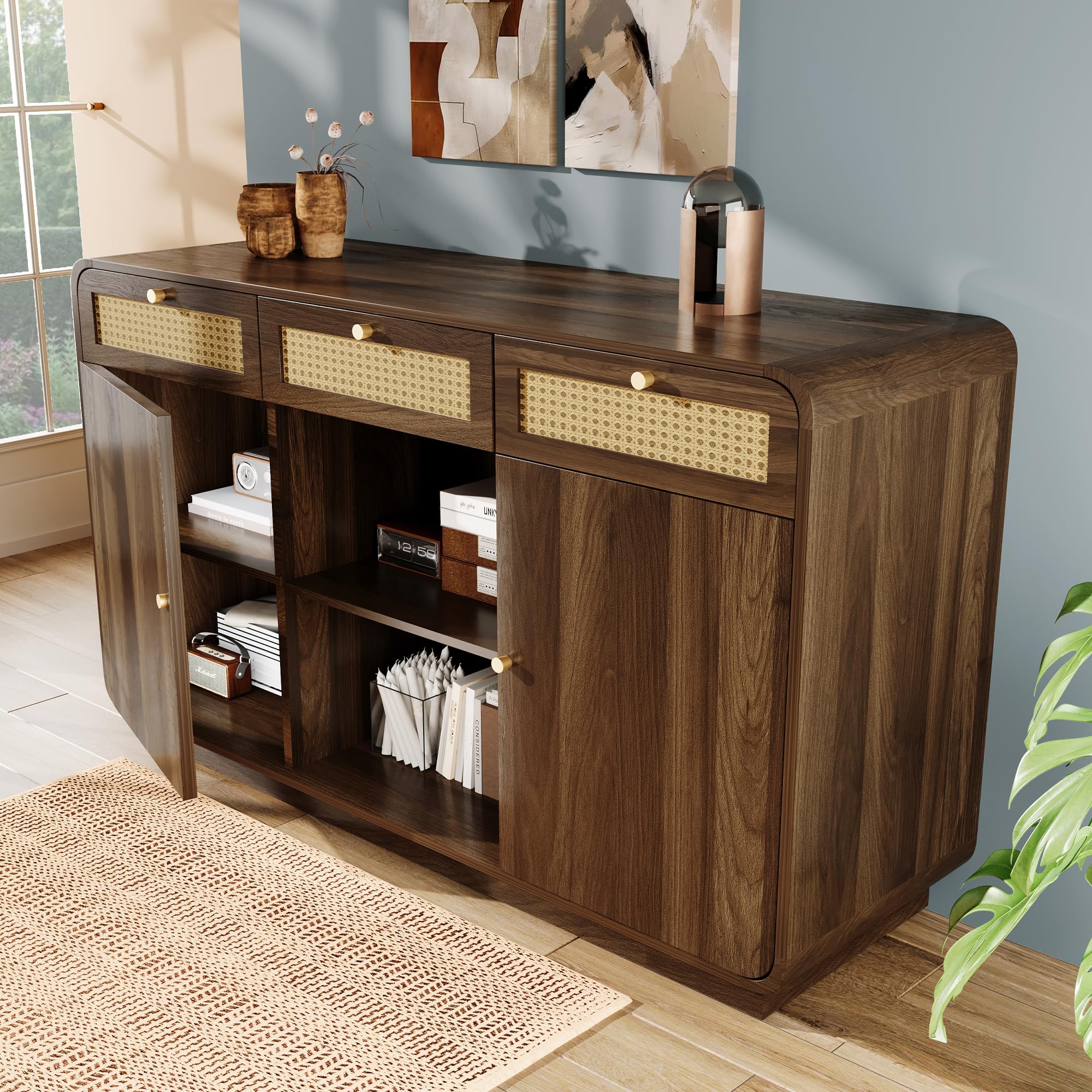 BTM Commode Sideboard 120cm Noyer, Armoire À Tiroirs avec Rotin & Poignées Dorées, 3 Tiroirs + 2 Armoires + Rangement Ouvert, Étagères Réglables, H85/B120/T40cm