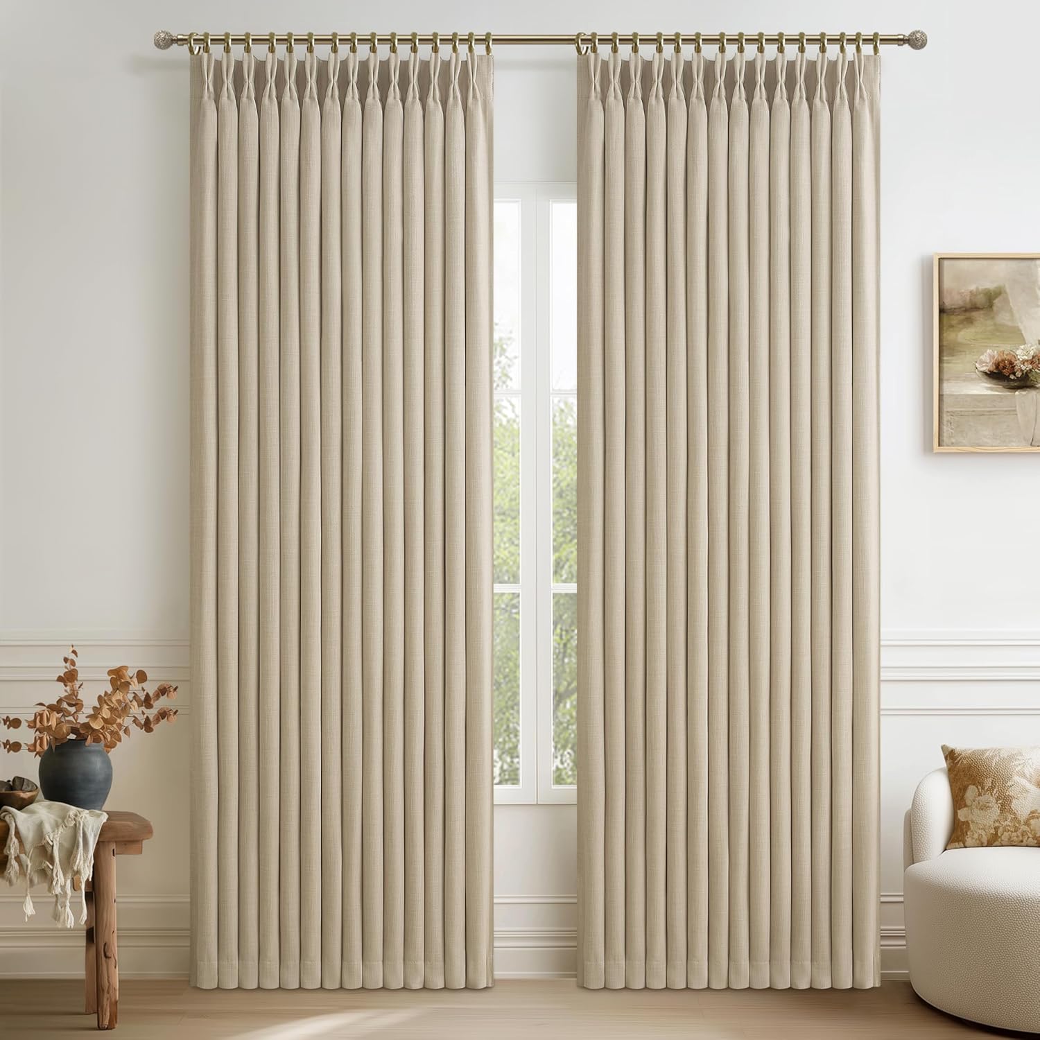 Memory Trained Pinch Pleated 86 Inch Blackout Patio Sliding Glass Door Curtains, Linen Blend Dual Layer Textured Sound Proof Insulated Natural Window Curtain with Hook 40W x 86L 2 Panels Set Natural 40"W x 86"L (Pack of 2)