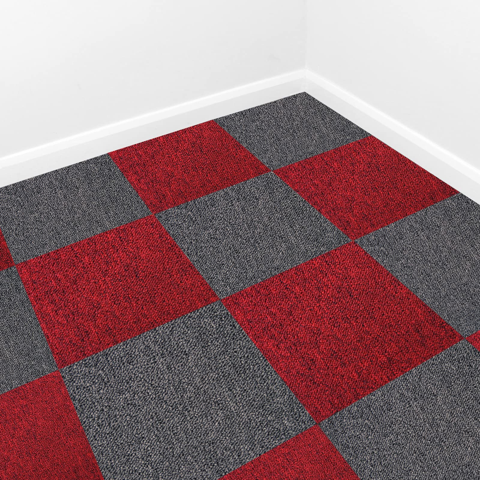 MonsterShop 40 Stück Teppichfliesen Bodenfliesen Teppich 50 x 50 cm für 10 m² in Fieberrot & Kohle-Schwarz