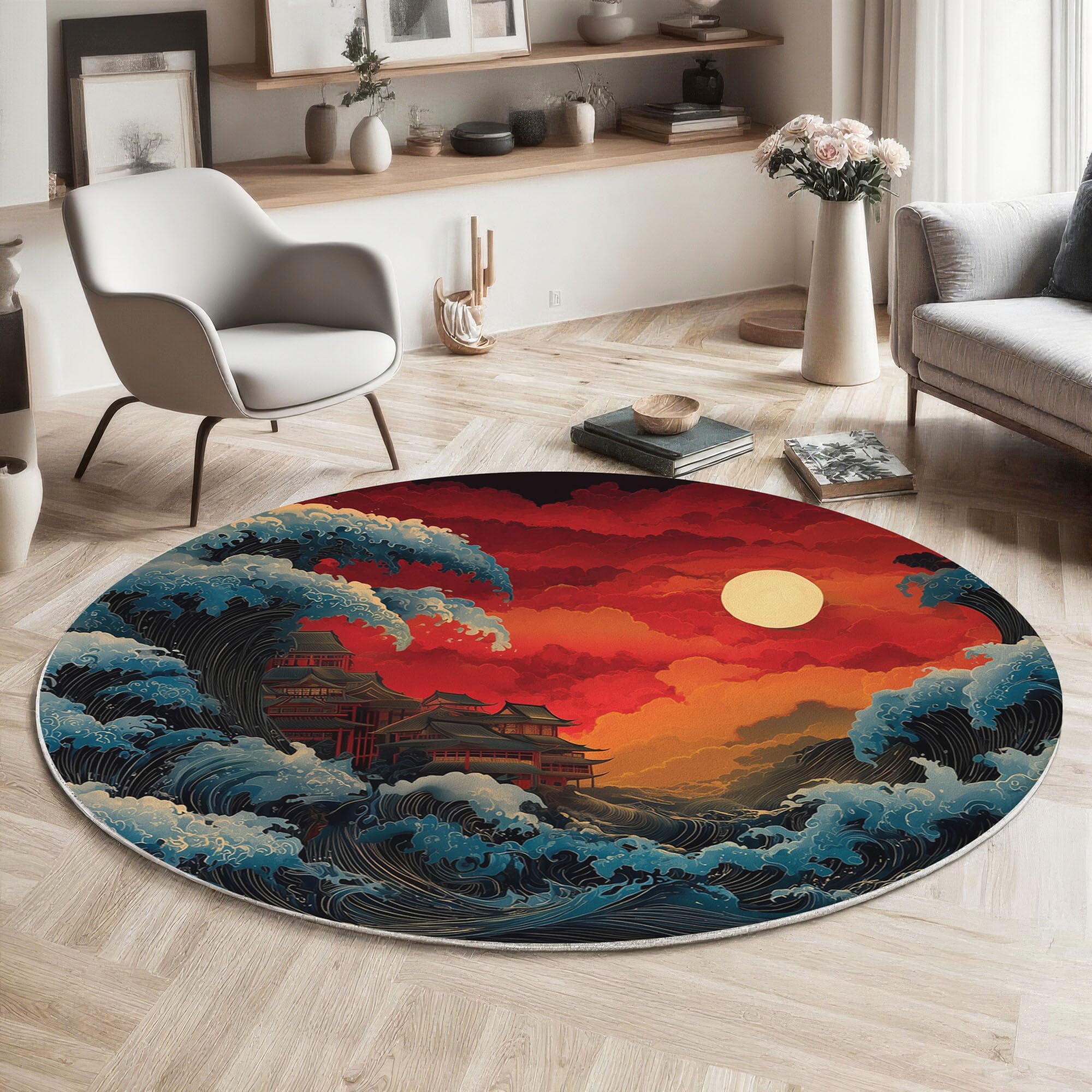 Tapis rond 200cm Vague Géante rouge style Hokusai antidérapant pour salon