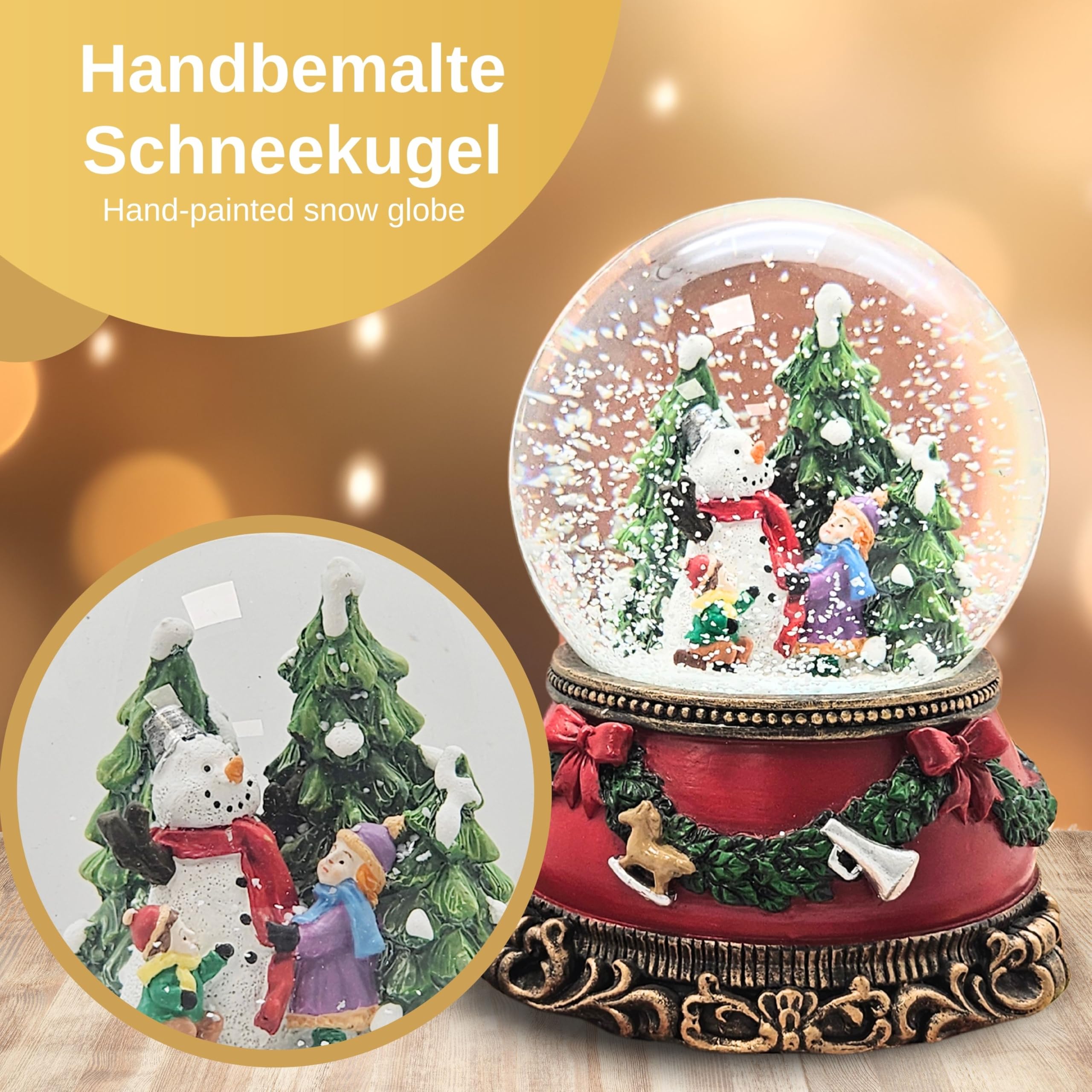 Schneekugel Weihnachten Spieluhr | Kinder Bauen Schneemann | Sockel Weihnachten rot Tannengirlande | mit Spieluhr | Schüttelkugel Weihnachtsdekoration | B: 10 cm H: 14 cm | 20270
