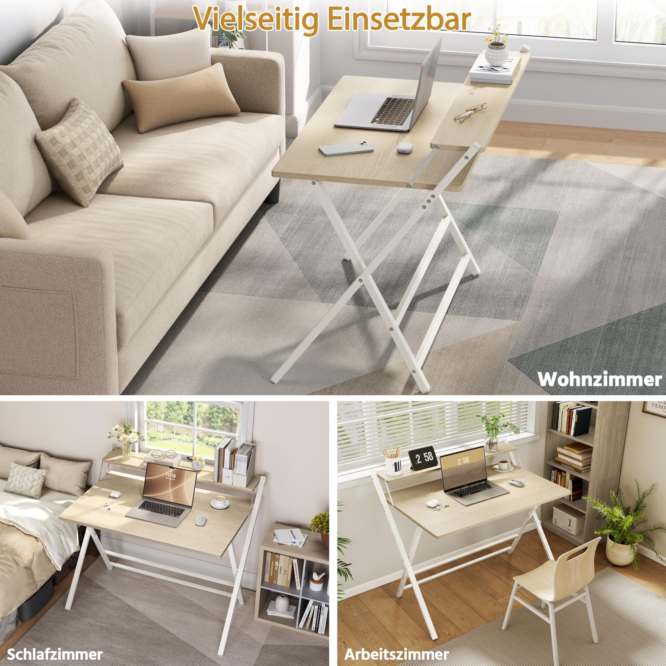 Yaheetech Schreibtisch Klappbar, 100 cm Computertisch mit Ablage, 2-Stufiger Arbeitstisch mit Monitorständer, Laptoptisch für Homeoffice/Kleine Räume/Wohnzimmer, Helle Holzfarbe/100 cm L × 50 cm B | 2-Stufiger Arbeitstisch mit Monitorständer, Laptoptisch