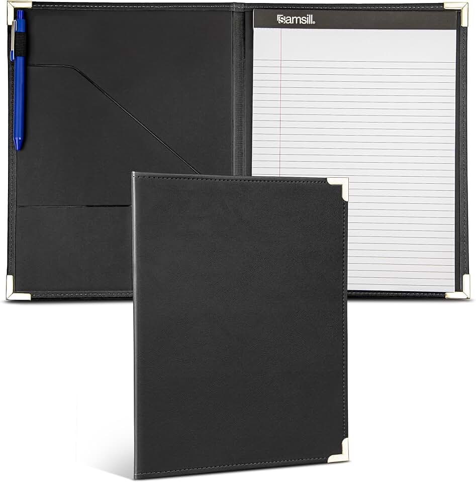 Samsill Classic Collection Business Portfolio - Executive Padfolio for Resume &amp; Document Organizer - 8.5 by 11-Inch Legal Pad, Faux Leather with Brass Corners (Black)