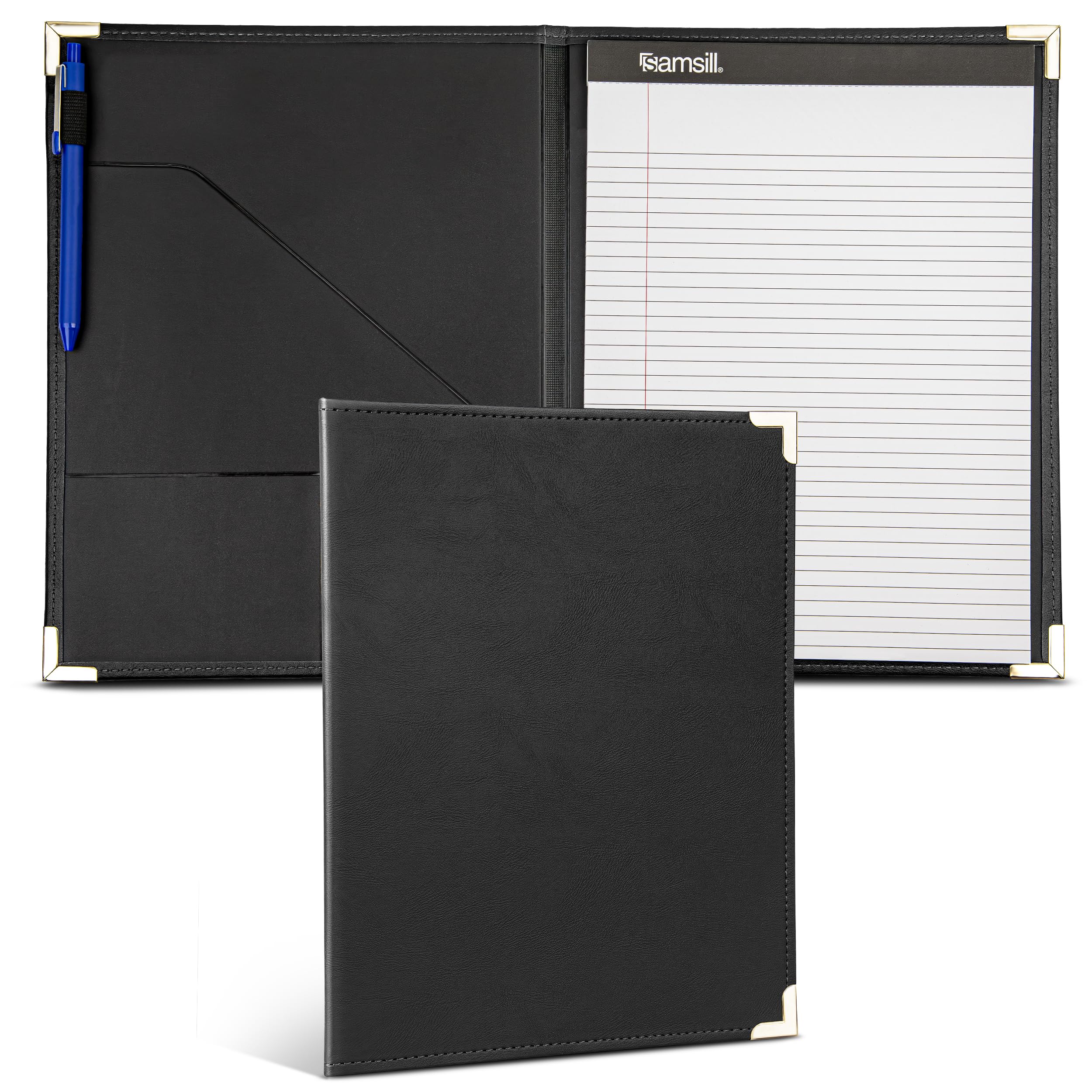 Classic Collection Business Portfolio - Executive Padfolio for Resume & Document Organizer - 8.5 by 11-Inch Legal Pad, Faux Leather with Brass Corners (Black)