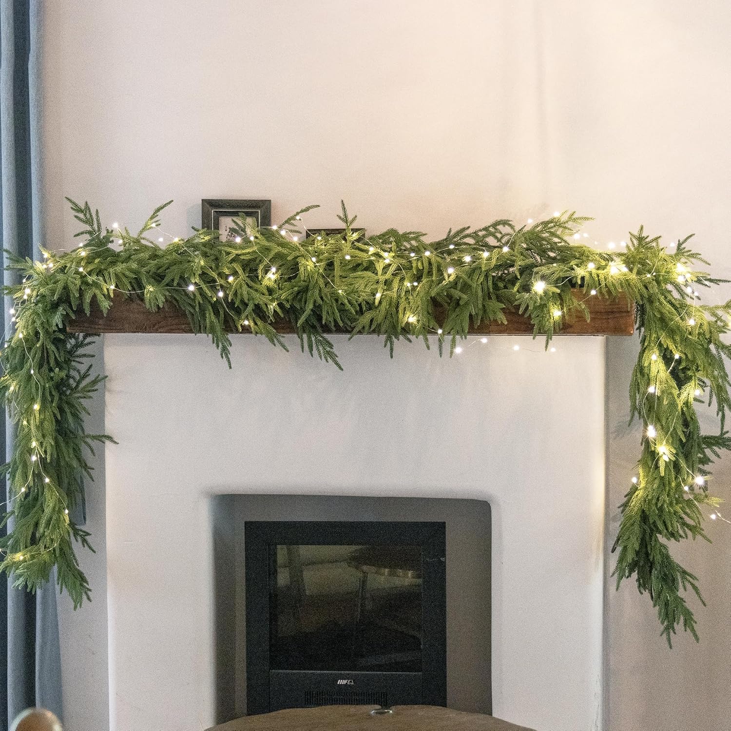 misspin christmas garland with lights, real touch winter pine garland, green artificial greenery garland for table, mantle, wall, indoor, outdoor christmas decorations norfolk pine with light 6ft