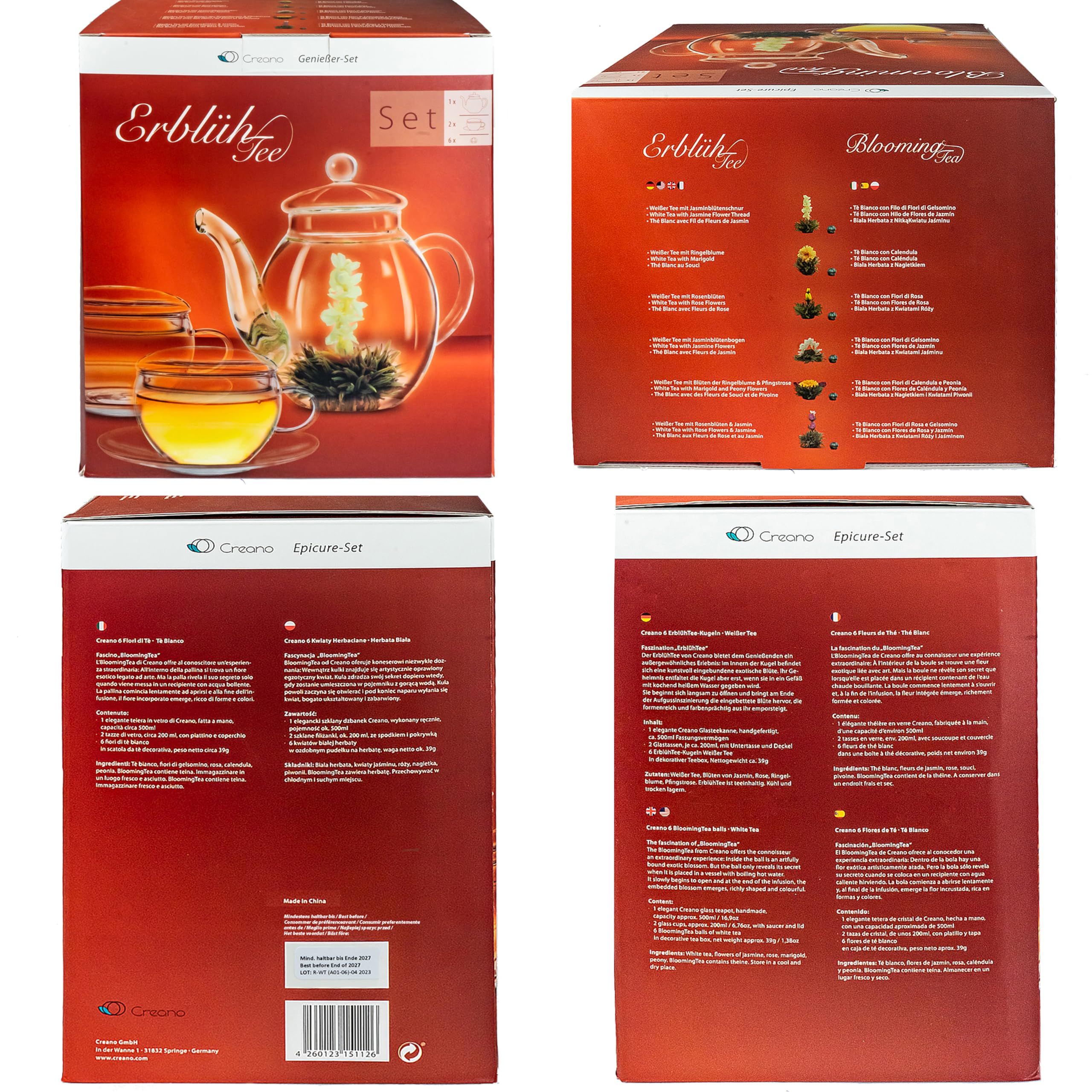 Creano – Coffret Fleur de Thé 6 pcs + Théière verre 500 ml sans goutte + 2 Tasses de thé 200 ml soufflées à la bouche – 6 variétés de thé blanc, idée cadeau – Thé en Fleurs