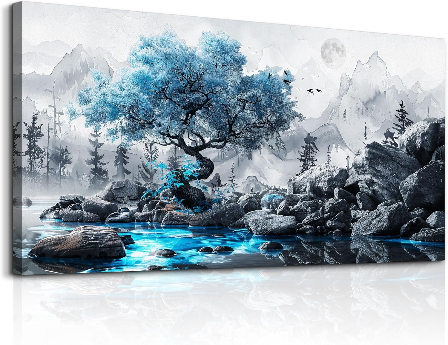 FUHAIHUA Large Wall Decor For Living Room Canvas Wall Art For Bedroom Office Decor Black And White Wall Pictures Artwork Blue Tree Landscape Painting Ready To Hang Hotel Room Home Decoration 24x48 48L" x 24W" Blue Tree