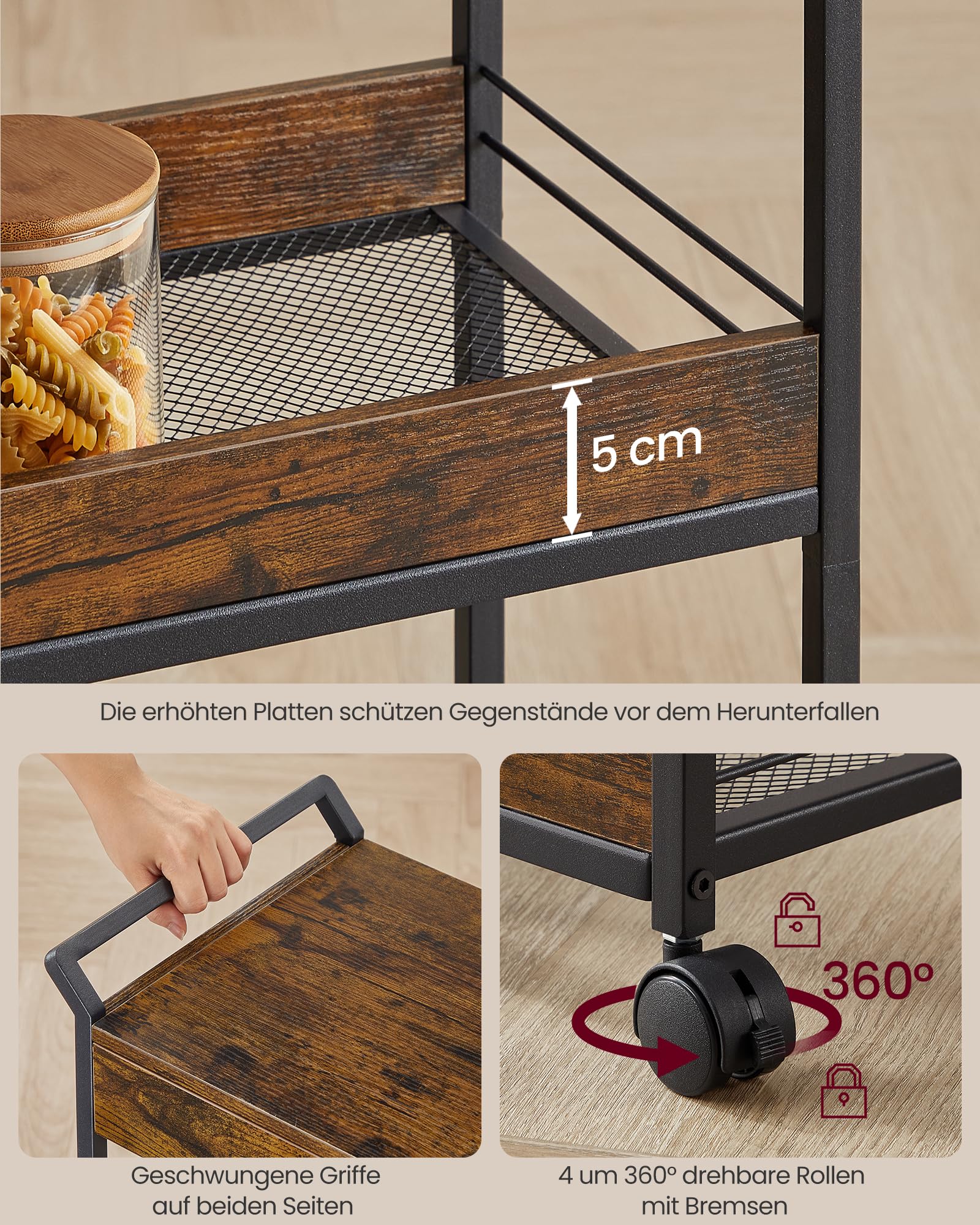 VASAGLE Rollwagen, Küchenwagen 4 Ebenen, Servierwagen mit Bremsen, Holzspanplatte, obere Schublade, Aufbewahrungsregal für Küche, Badezimmer, Schlafzimmer, vintagebraun-tintenschwarz LRC049K01