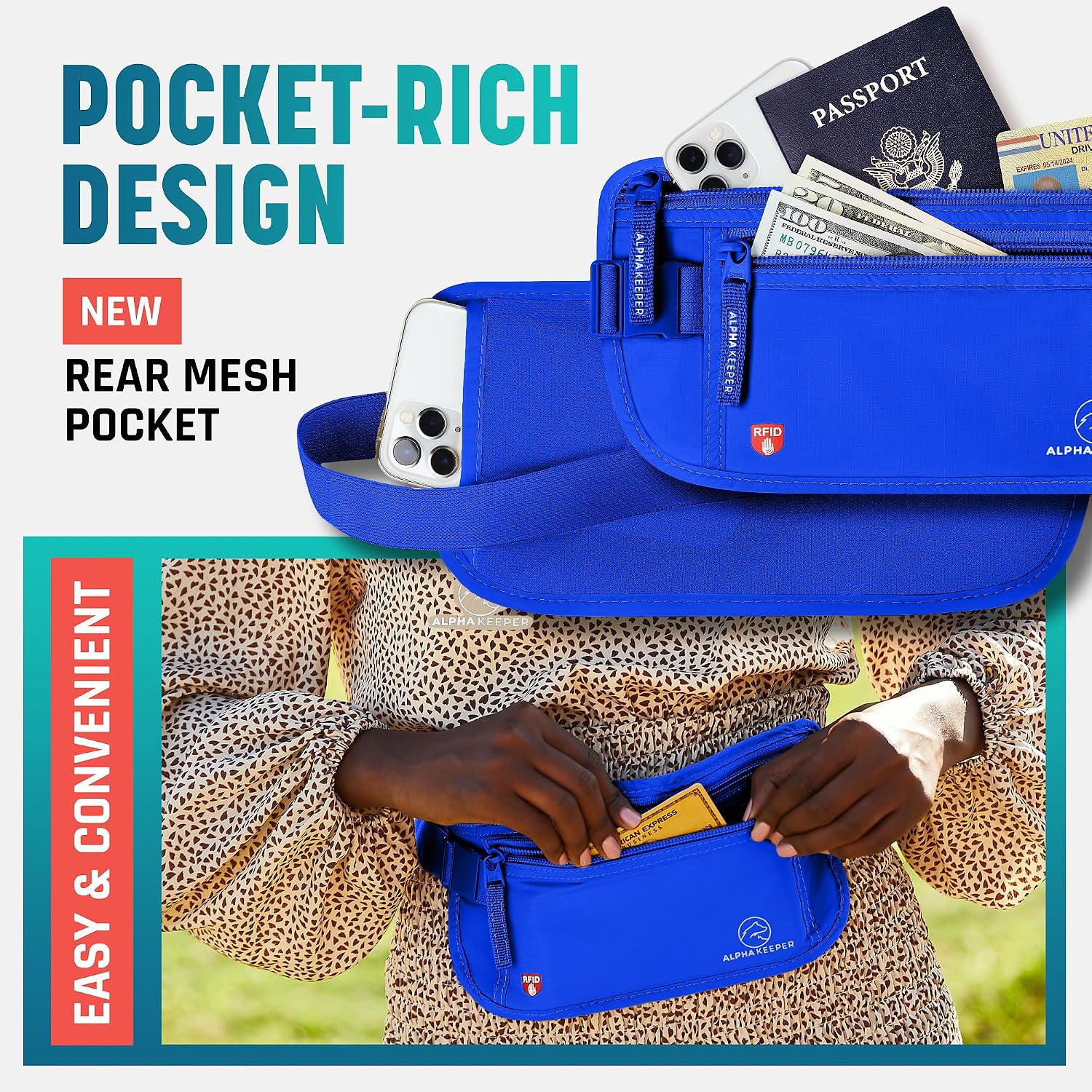 Alpha Keeper Money Belt for Travel Hidden Under Clothes – RFID Blocking Passport Holder & Slim Waist Wallet Pouch for Women & Men, Anti-Theft Travel Accessories