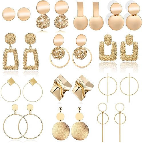 13 Pairs Statement Drop Dangle Earrings, Gold Stud Earrings for Women & Fashion Big Geometric Earrings, Hanging Earring Set Jewelry Gifts