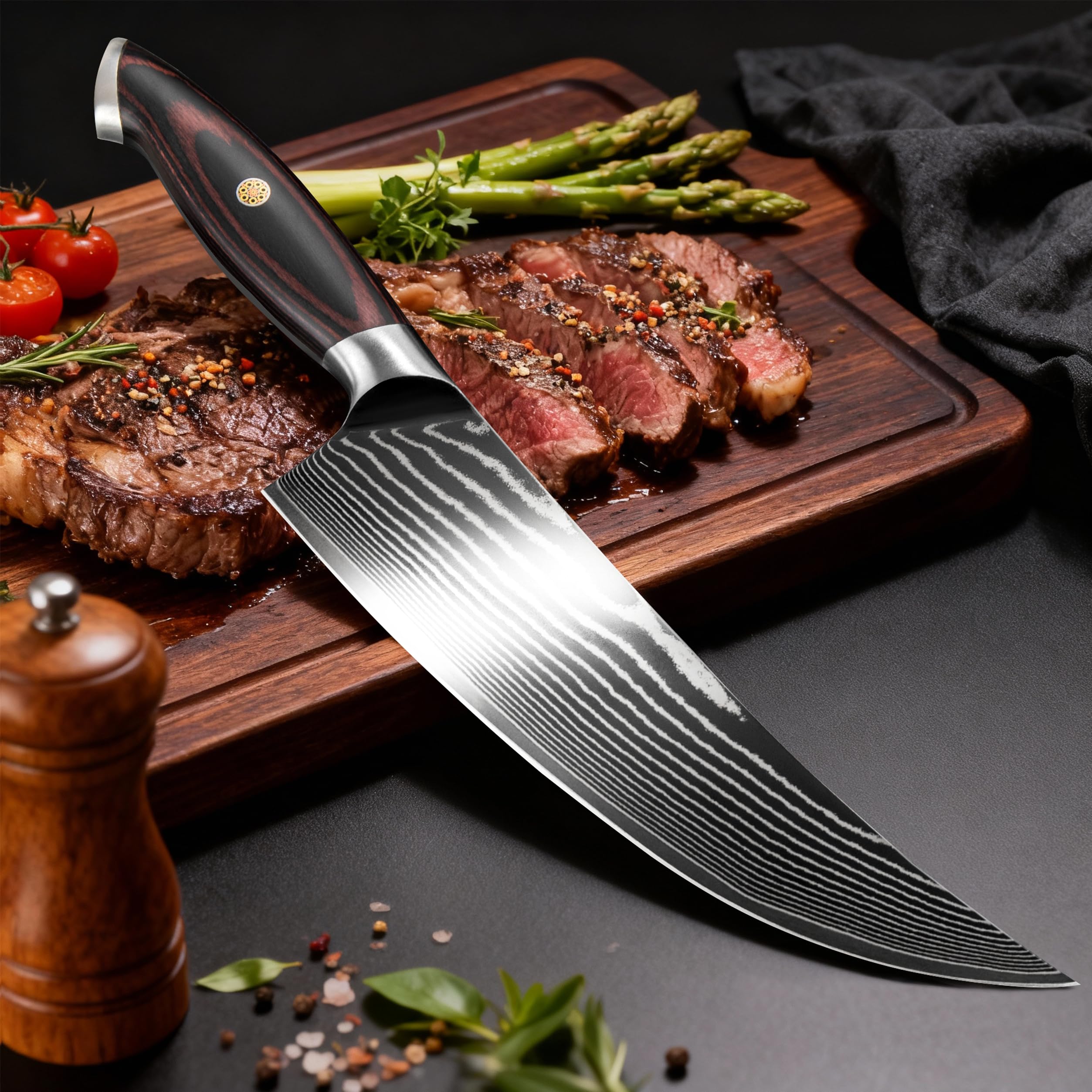VALESKA 8 Inch Japanese Damascus Chef Knife, VG10 High Carbon Stainless Steel Kitchen Knife with wooden Handle, 15 Degree Edge Razor-Sharp, Gift Box for Family & Friend and Restaurant — Amazon image 7