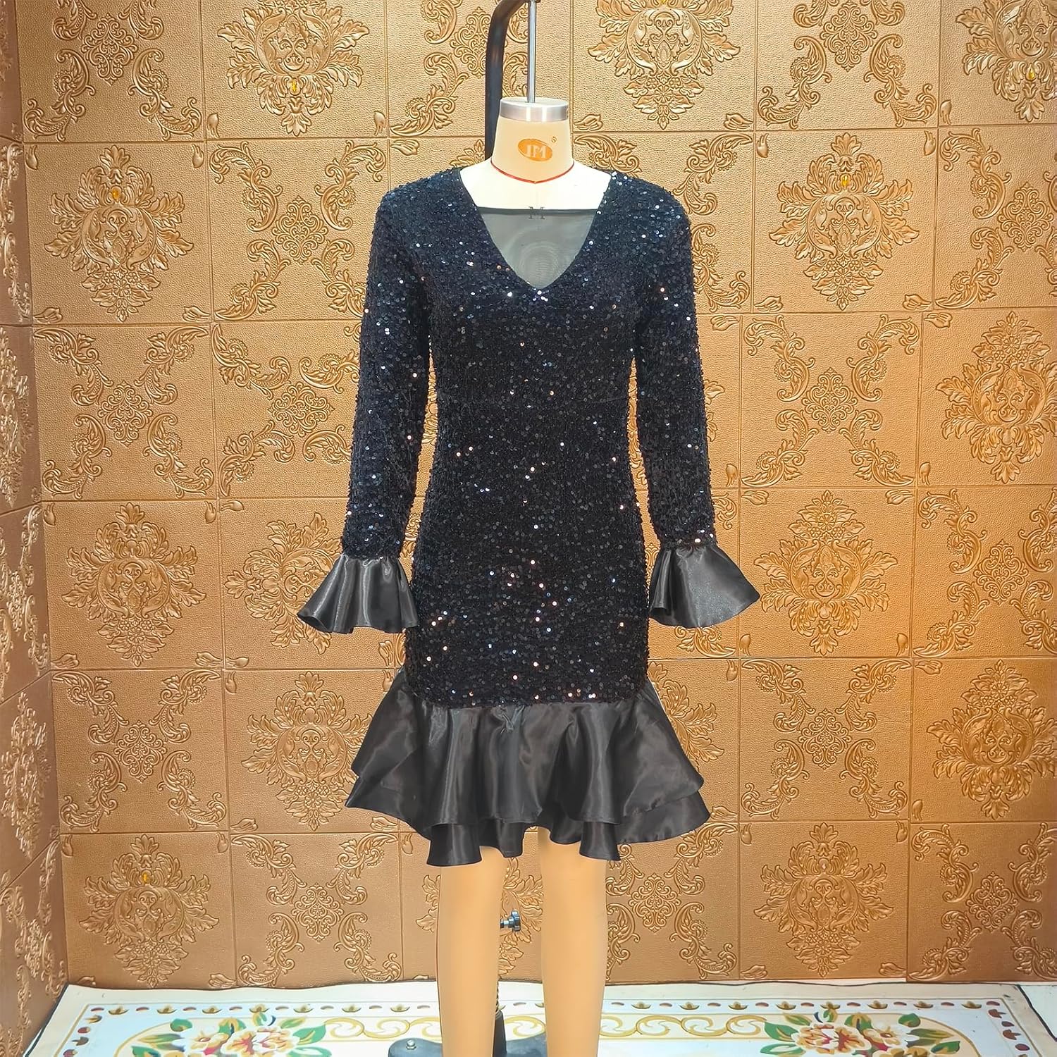 Cololura Women Elegant Sexy Sequin Off Shoulder Ruffle Sleeve Bodycon Mermaid Cocktail Formal Party Ball Gown Midi Dress - Image 5