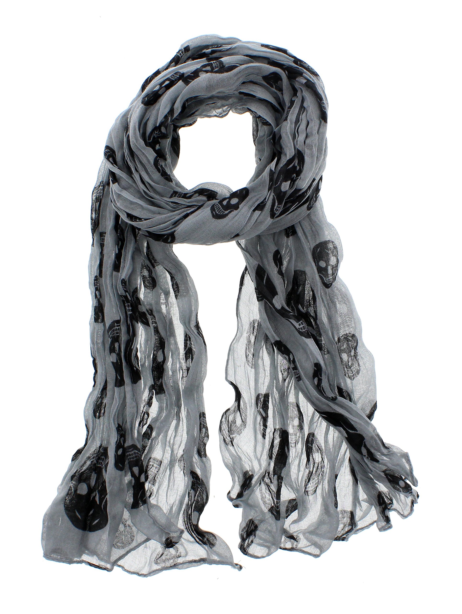 Zac's Alter Ego Women's Grey & Black Long Lightweight Skinny Wrinkled Scarf With Skull Print