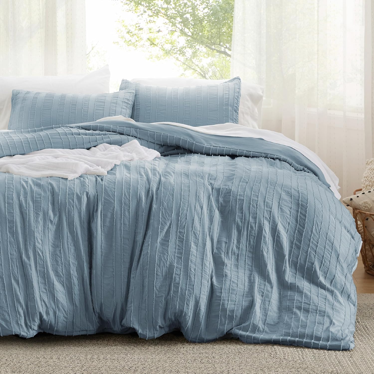 Bedsure Striped Tufted Duvet Cover Queen - Shabby Chic Duvet Cover, 3pcs All-Season Size Boho Bedding for All Seasons, includes 1 Queen Duvet Cover & 2 Pillowcases (Mineral Blue, Queen, 90"x90") 05 - Mineral Blue - Stripe (No Comforter) Queen (90" x 90")