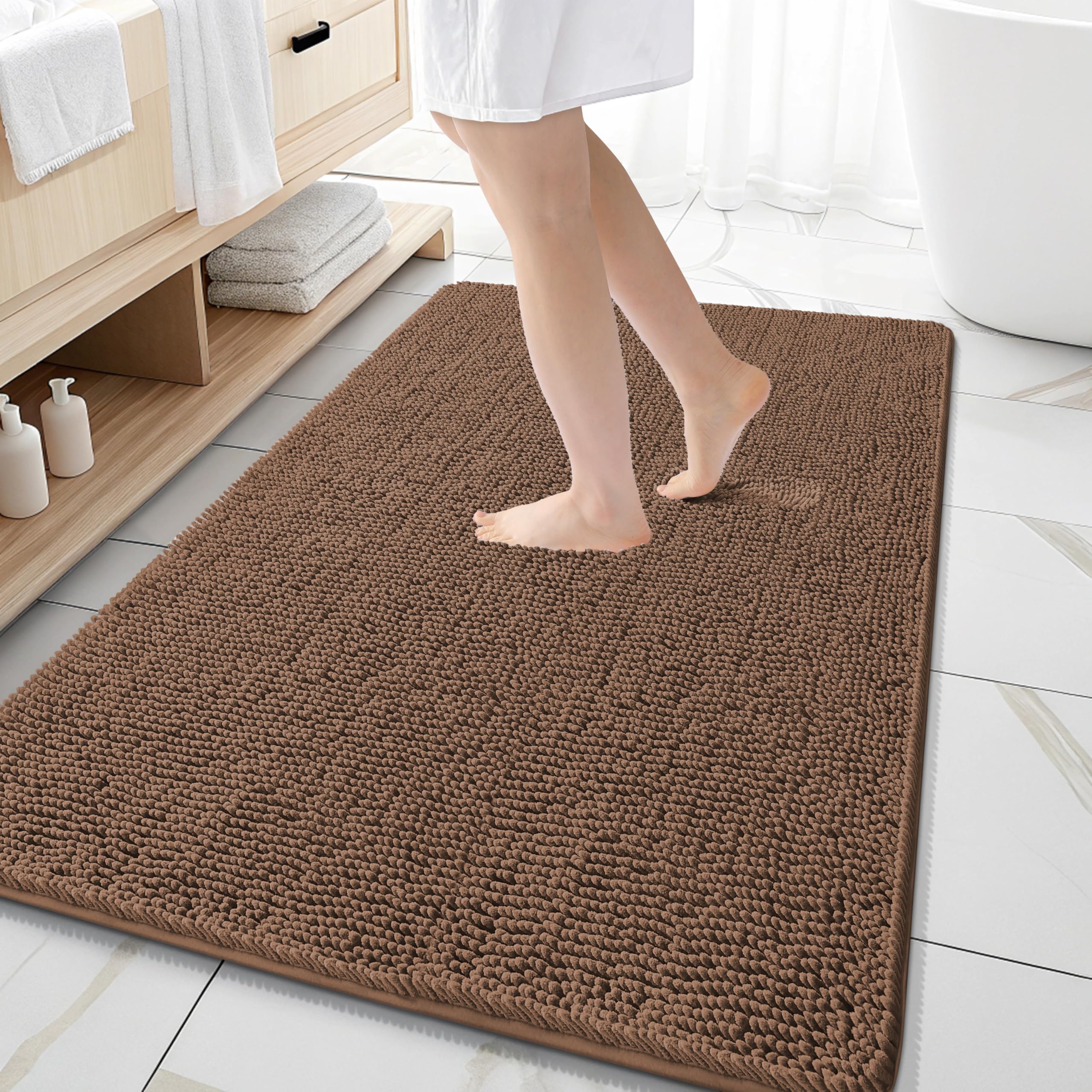 OLANLY Large Bathroom Rugs 59x35, Extra Soft Absorbent Chenille Bath Rugs | Mocha, Quick-Drying Rubber Backing, Machine Washable Bath Mat for Bathroom Floor, Tub and Shower, Home Decor Accessories