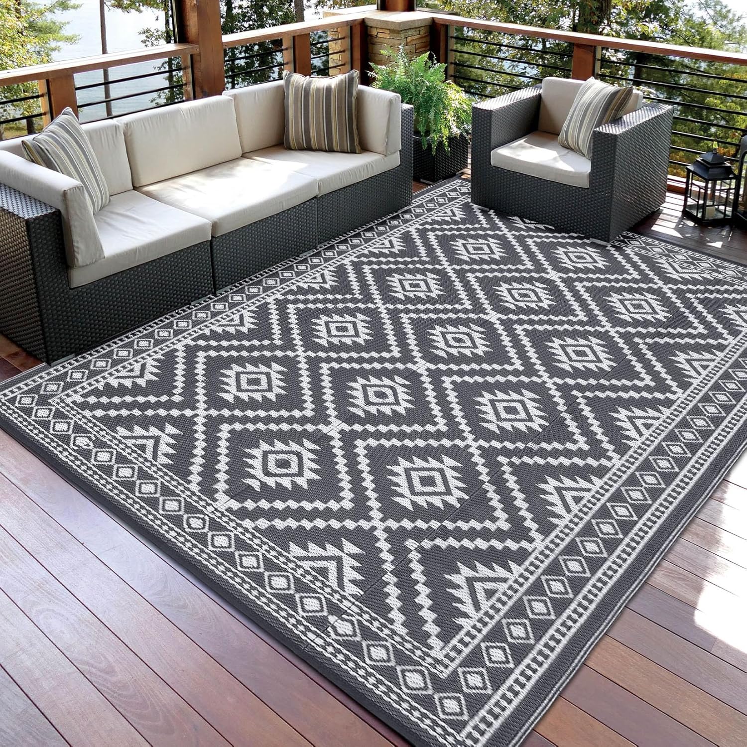 Garvee Waterproof Outdoor Rug 8x10 ft, Reversible Outdoor Plastic Straw Rug with Leaf Pattern, RV Mat, Indoor Outdoor Carpet for Patio, Camping, Balcony, Deck, Backyard, White & Grey