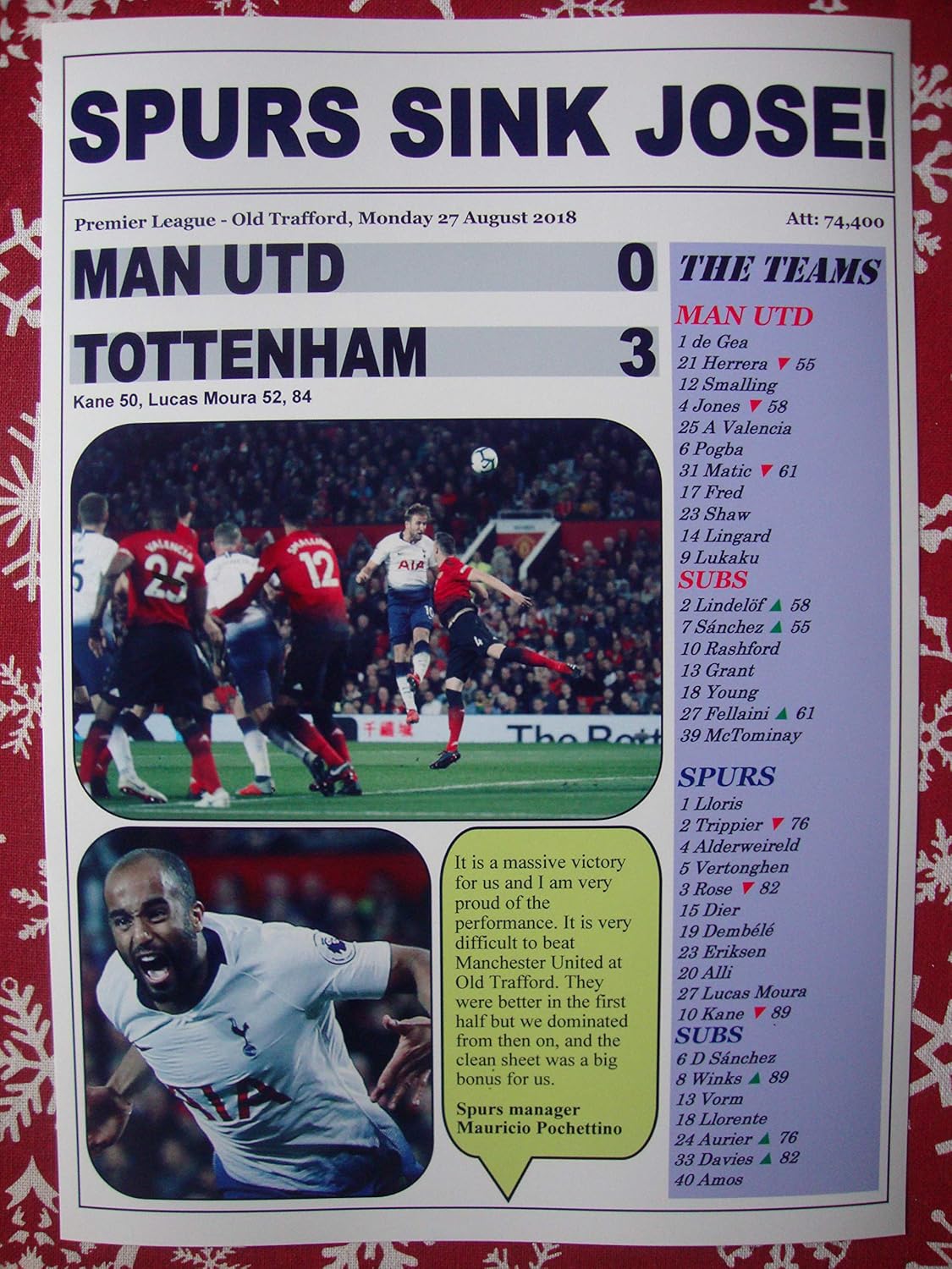 Manchester United 0 Tottenham Hotspur 3-2018 Premier League - Souvenir Print