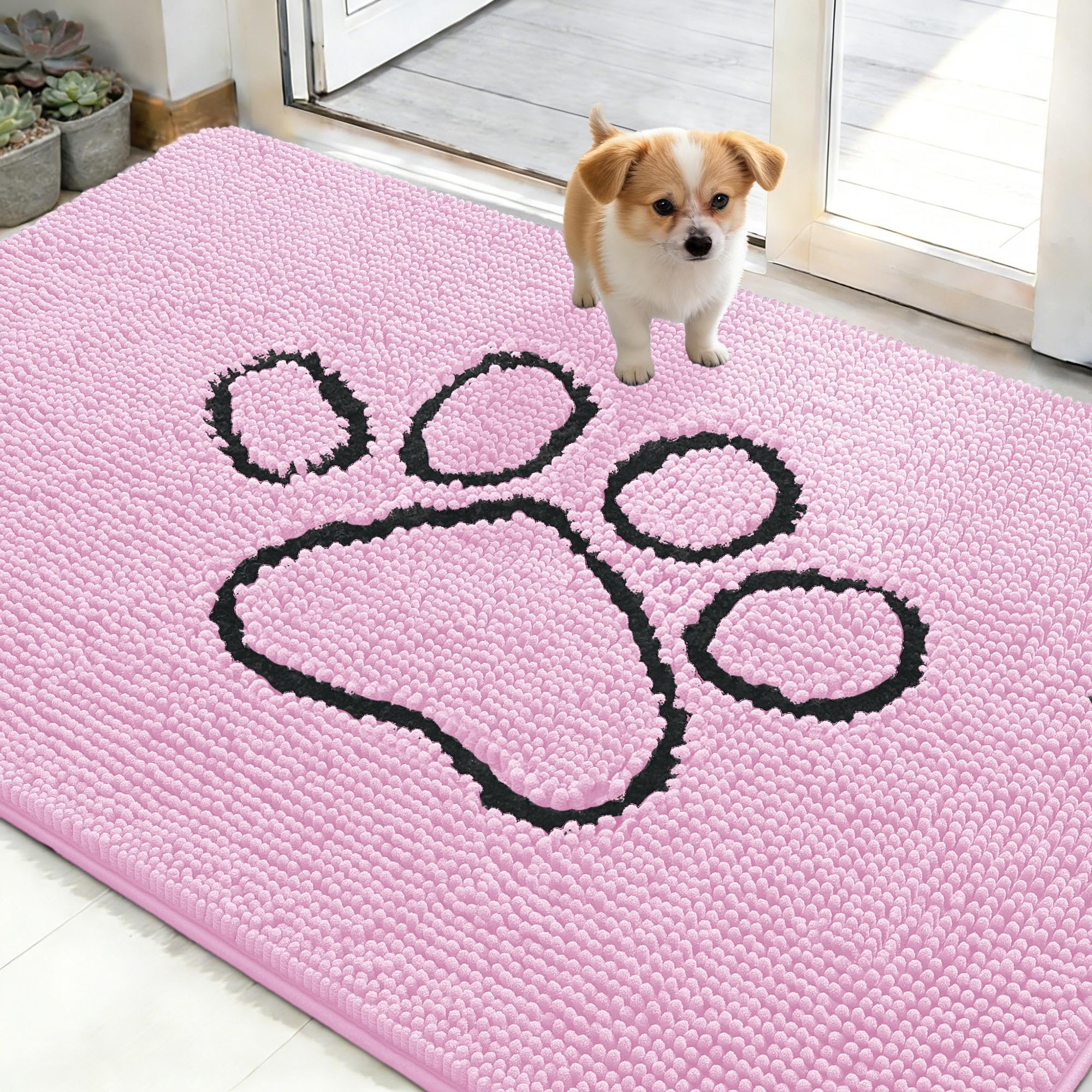 OLANLY Dog Door Mat for Muddy Paws 48x30, Paw Print Design Chenille Mud Mat