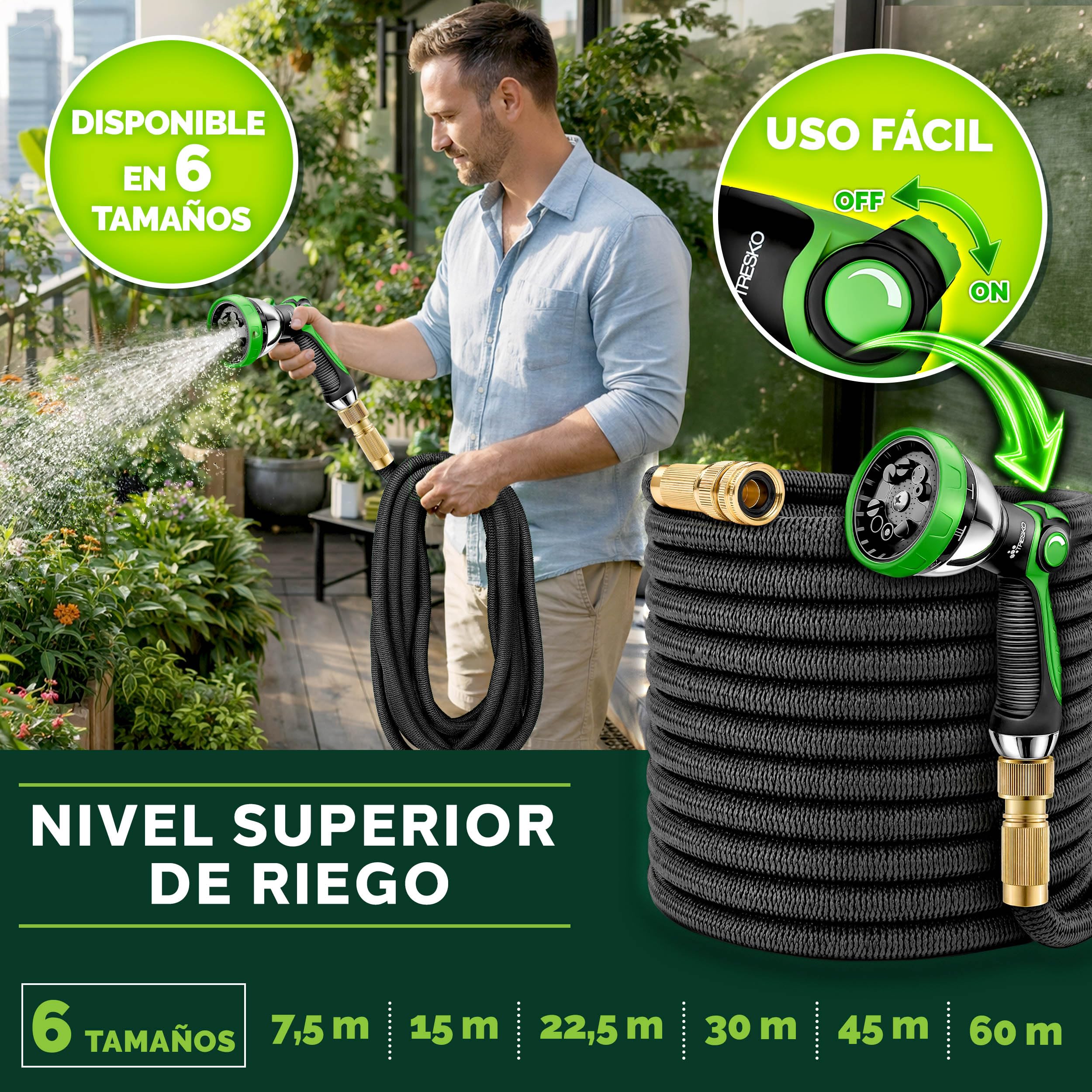 TRESKO® Manguera Flexible de jardín 22.5M, Manguera Flexible con Triple Capa de látex, Manguera de riego Extensible, Manguera con Boquilla multifunción Incl. Colgador de Metal