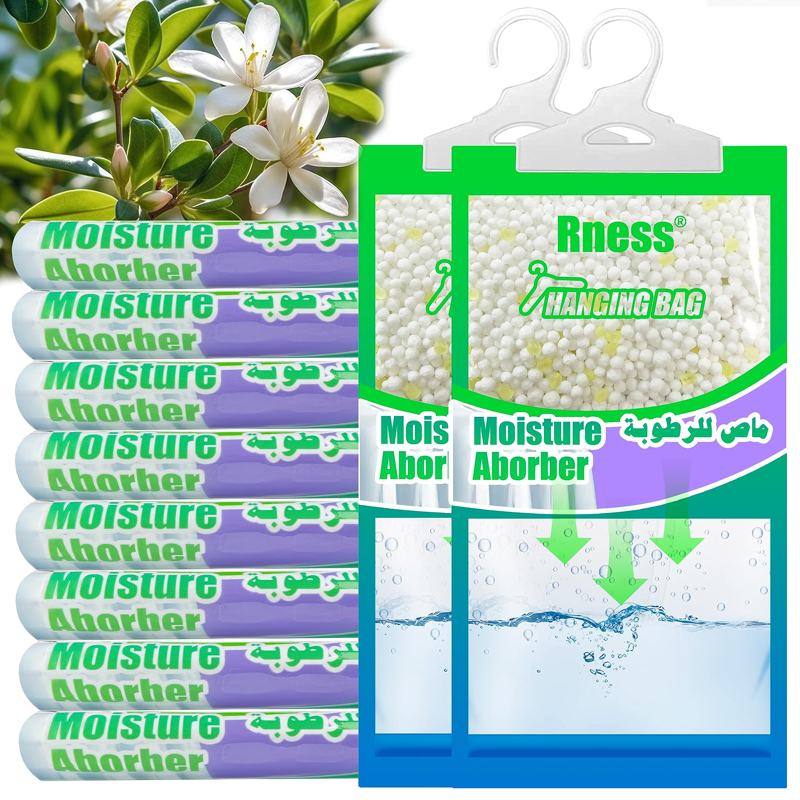 Moisture Absorber Dehumidifier and Odor Eliminator Hanging Bags to Rid Damp in Closet, Safe, Cars, Wardrobes, Basement,Gym Bag- Pack of 10 (120 gms each)，Jasmine