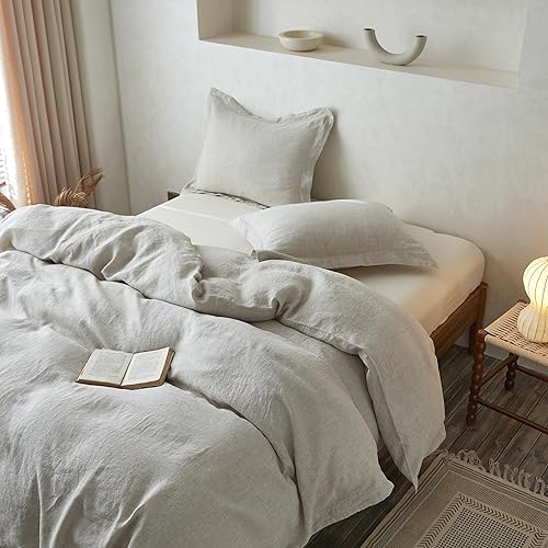 Miniatura 7 de Simple&Opulence - Juego de funda de edredón 100 % lino con bordado en cruz, estilo alquería, 3 piezas