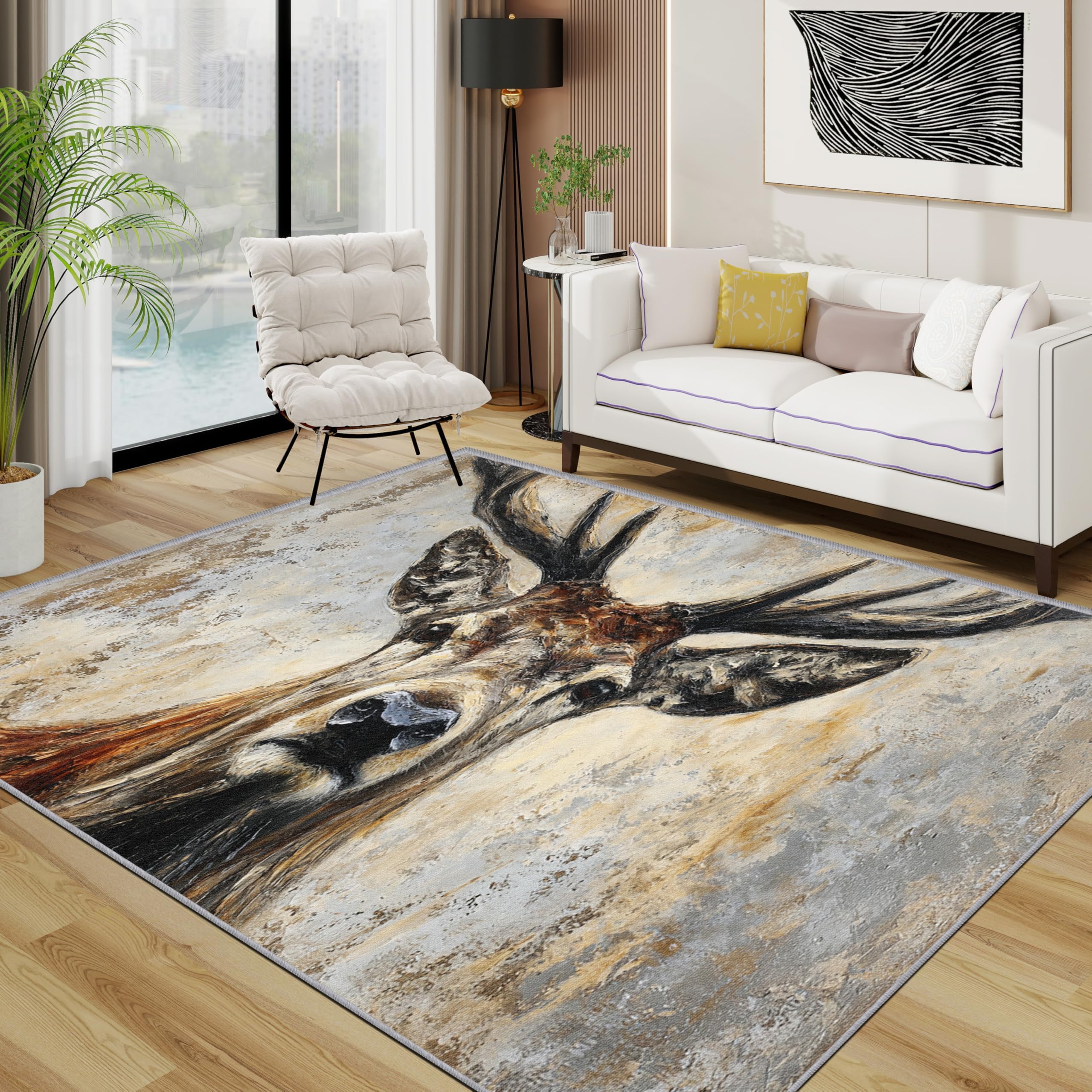 Stag Rugs Living Room Large 160x230 - Deer Wild Animal Bedroom Rug, Vintage Distressed Rustic Farmhouse Washable Non Slip Low Pile Carpet, Stag Home Decor