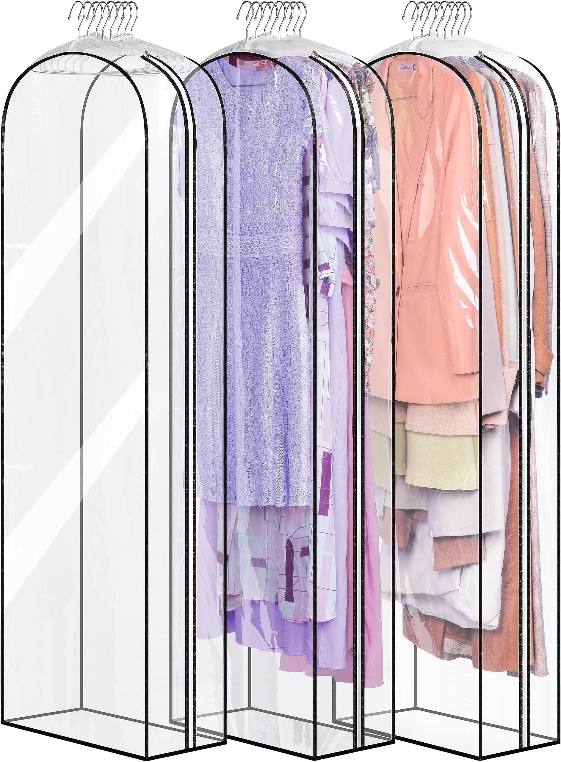 MISSLO 10" Gusseted All Clear Garment Bags for Hanging Clothes 60" Dress Bags for Gowns Long Fur Coat Closet Storage Covers, 3 Packs