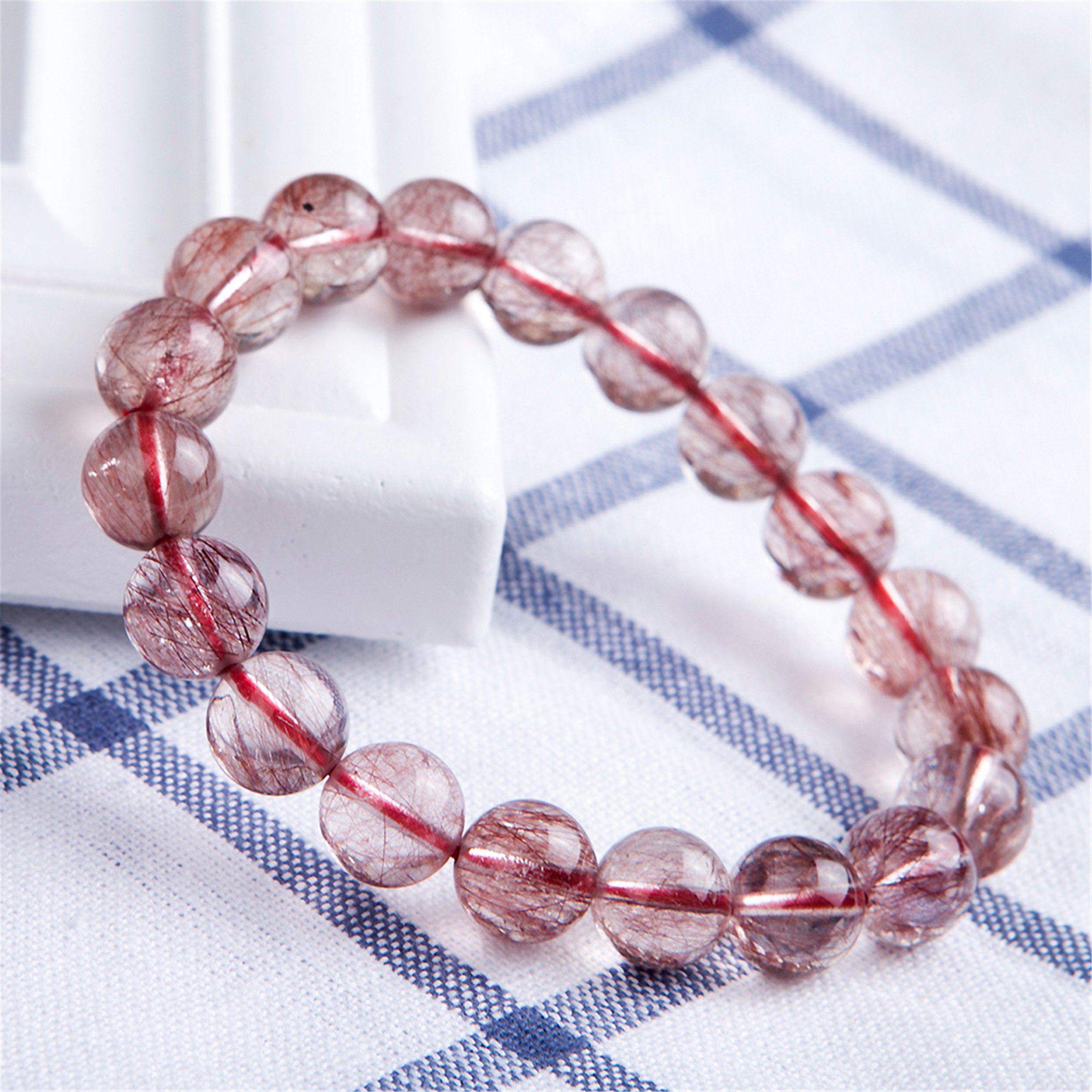 Braccialetti for Donne,Bracciale con Perline,Autentico Quarzo Rutilato Rosso Naturale con Pietra Preziosa da 10 Mm in Cristallo Elasticizzato Rotondo Bracciale con Perline