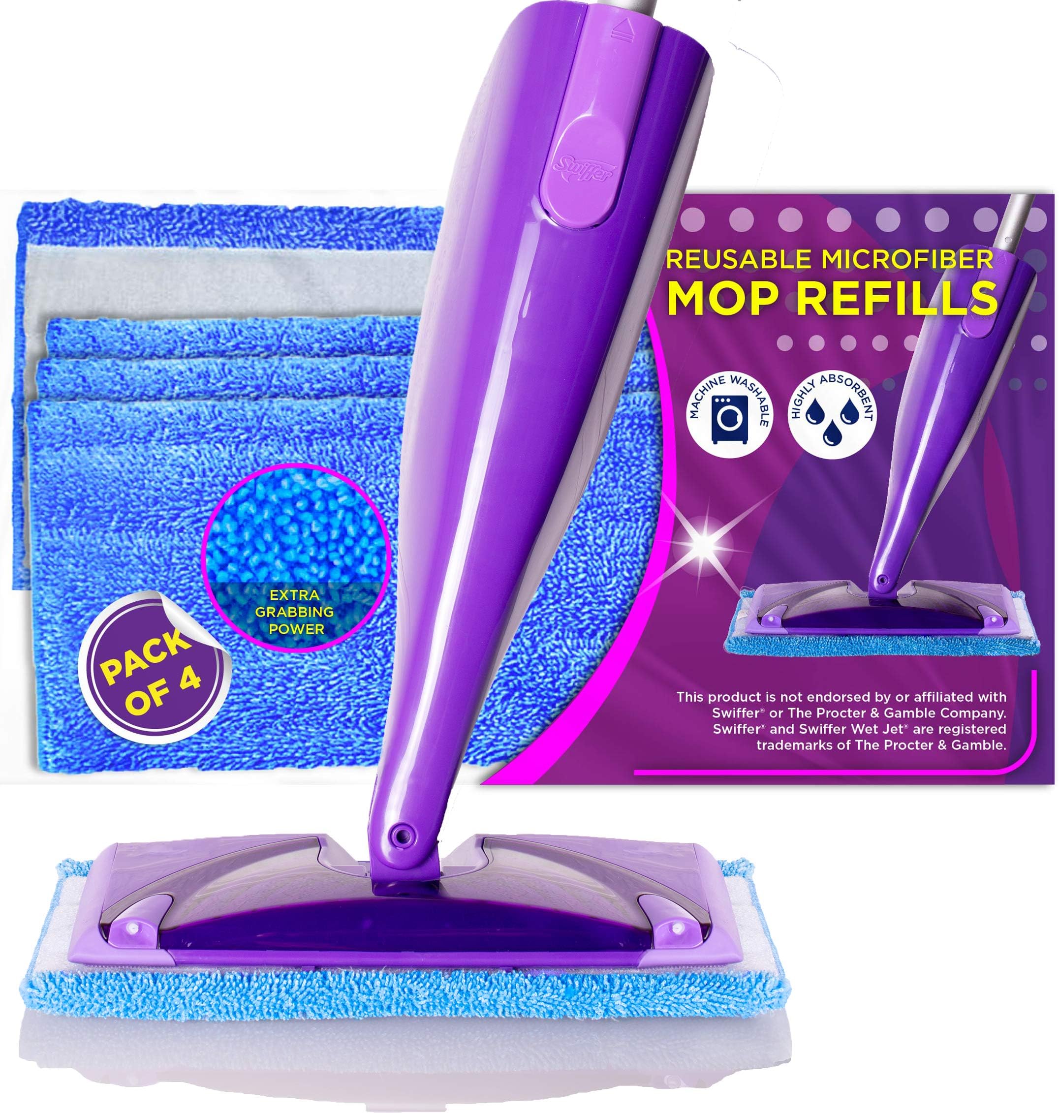 VanDuck Reusable Mop Pads Compatible with Swiffer WetJet (4 Pack) - Microfiber Mop Refill for Wet Mopping Cloths - Hardwood Floor Cleaning Spray Mop Pads are Reusable Replacements Wet Jet Pads Refills