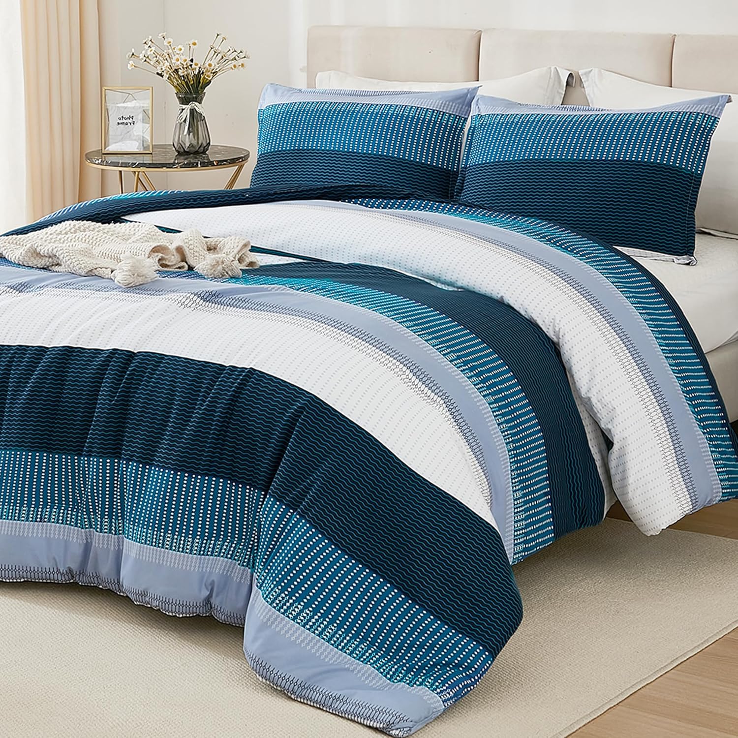 Litanika Navy Blue Comforter Set Oversized Queen - 3 Pieces Lightweight Blue White Colorblock Stripe Fluffy Bedding Comforter Sets, All Season Bed Set Oversized Queen (98"x98") 03 - Navy Blue
