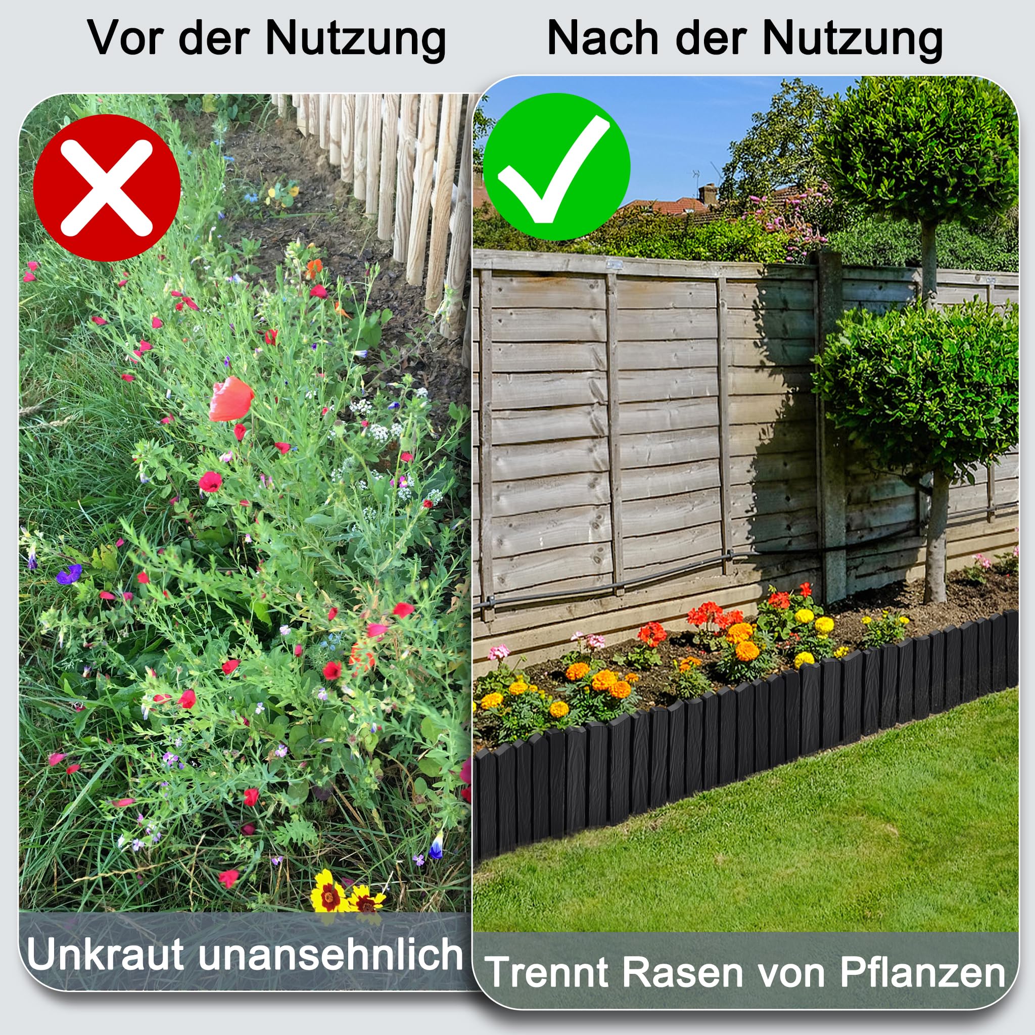 4.8m Rasenkante Kunststoff Beetumrandung mit Holzoptik & 10 cm Erdspießen - Mähkante für Garten, Beeteinfassung Anthrazit, Palisade im Holzdesign Anthrazit