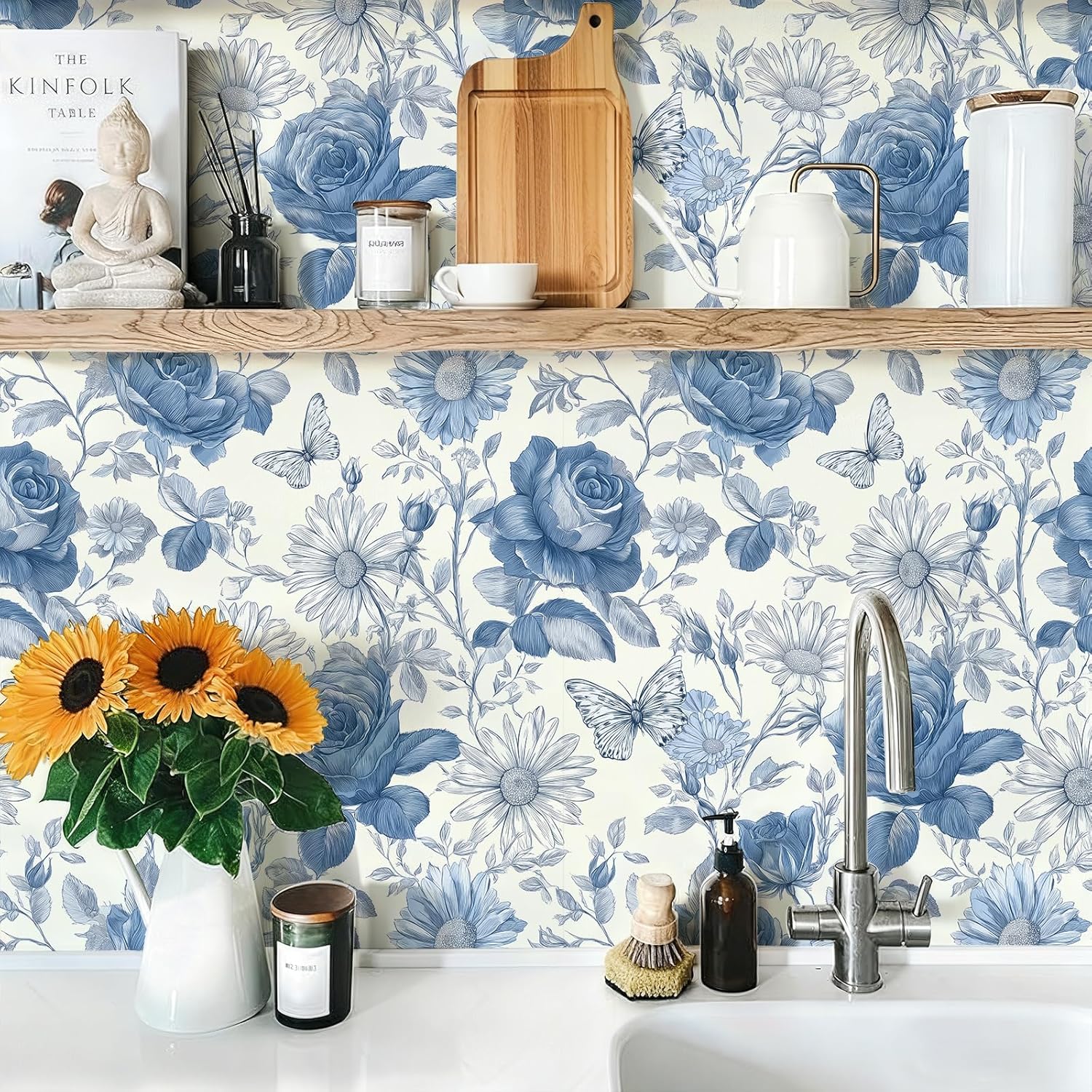 Vintage Blue Sketch Floral Botanical Wallpaper Peel and Stick Removable 17.7" x 236.22" Butterfly Rose Daisy Wall Paper Self Adhesive for Classroom Bedroom Laundry Room Bathroom