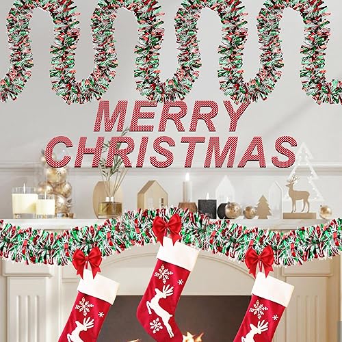 Miniatura 4 de Guirnalda de oropel de Navidad de 50 pies, decoraciones navideñas para decoración de árbol de Navidad, guirnaldas colgantes brillantes con giro