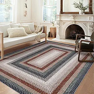 GAOMON Entryway Rug 3x5 Non Slip Washable Rug Braided Print Low Pile Floor Cover Indoor Soft Kitchen Mat Ultra-Thin Non-Shedding Farmhouse Floor Carpet for Bedroom Laundry Under Table Office Blue/Red