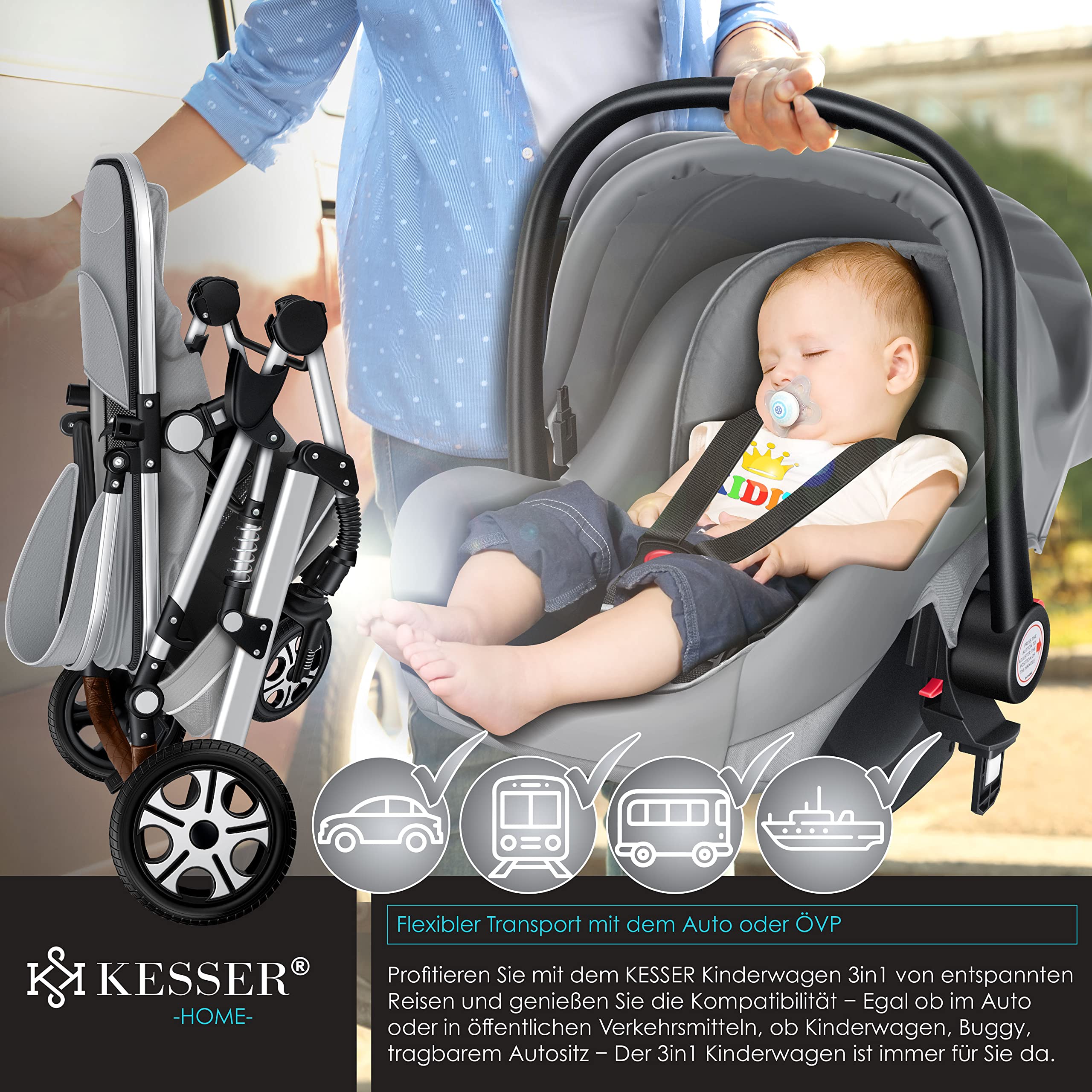 KESSER® Carrozzina 3in1 Loops, Carrozzina Combinata con navicella, Seggiolino sportivo, Seggiolino auto, Borsa Fasciatoio, Parapioggia, Tavolino per Bambini, Grigio/Argento