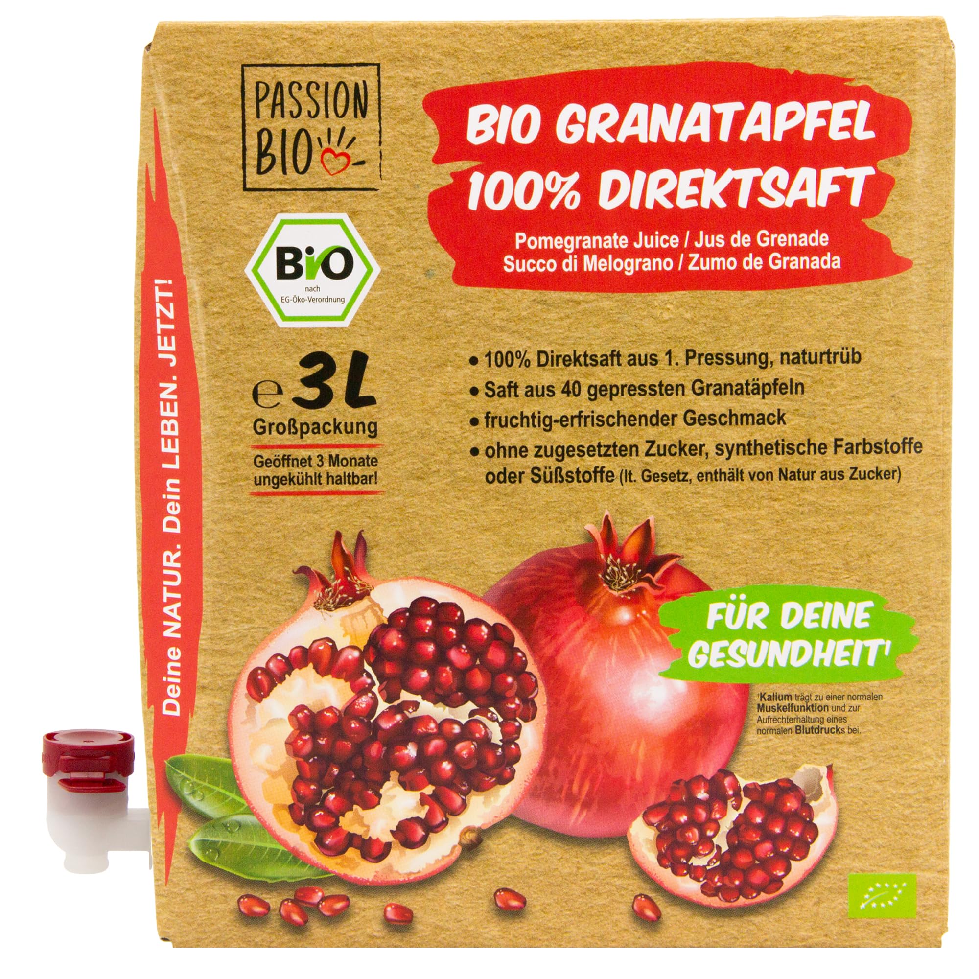 Bio Granatapfelsaft, 3 Liter, naturtrüb – 100% Bio Granatapfel Direktsaft aus 40 Granatäpfeln – fruchtig, erfrischender Geschmack – kein zugesetzter Zucker (lt. Gesetz) enthält von Natur aus Zucker