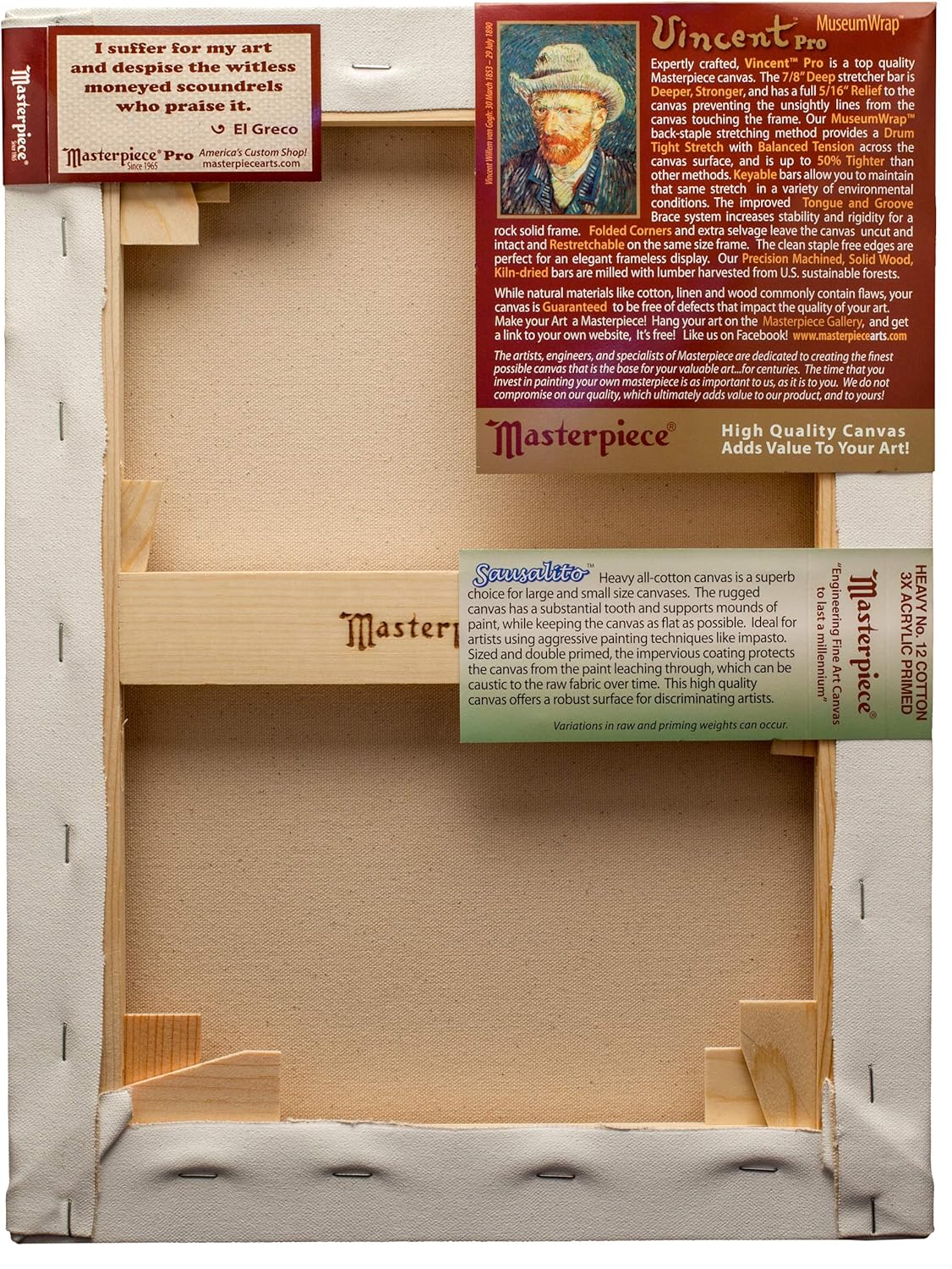 MASTERPIECE 41830 Vincent Pro 7/8" Deep Sausalito Heavy Weight and Texture 14 oz Cotton Stretched Canvas 12" x 16"