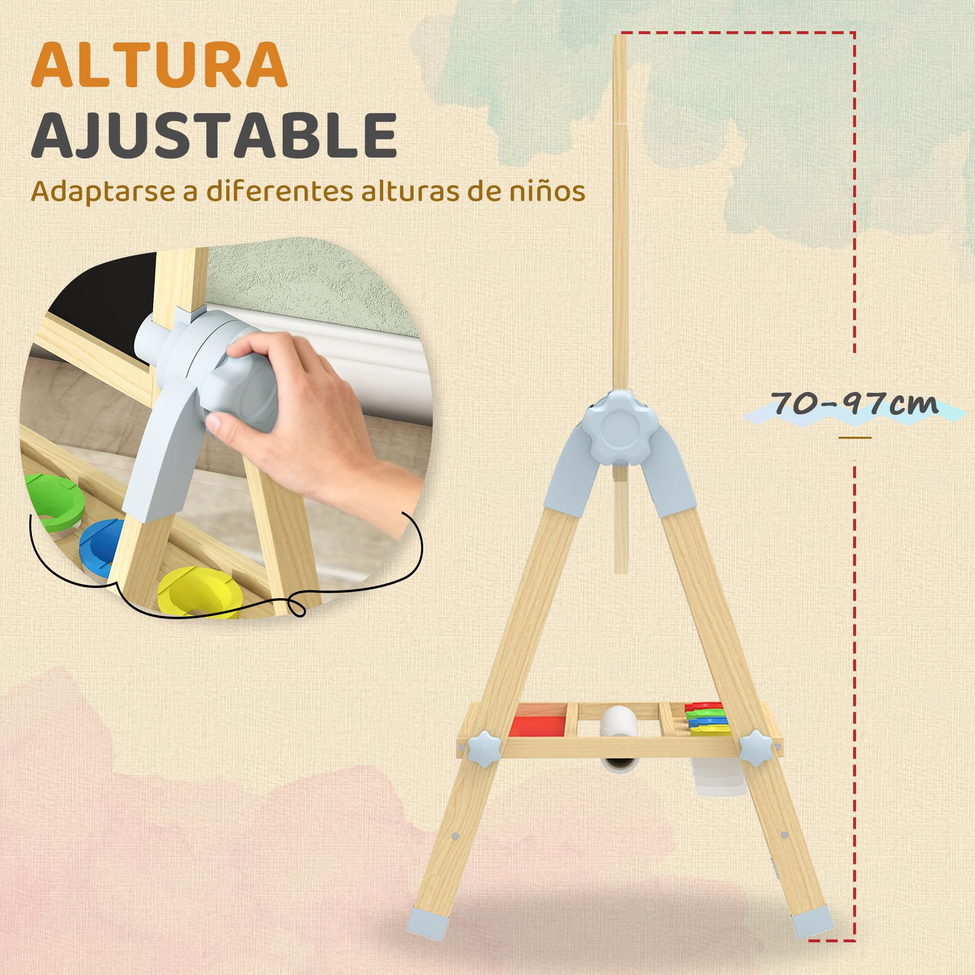 AIYAPLAY Pizarra Infantil Caballete, Altura y Ángulo Ajustable, Caballete de Madera de Doble Cara, Pizarra Blanca Magnética y de Tiza, Rollo de Papel y Bandeja, para Niños 3-6 Años, 48,5x46,5x70-97 cm