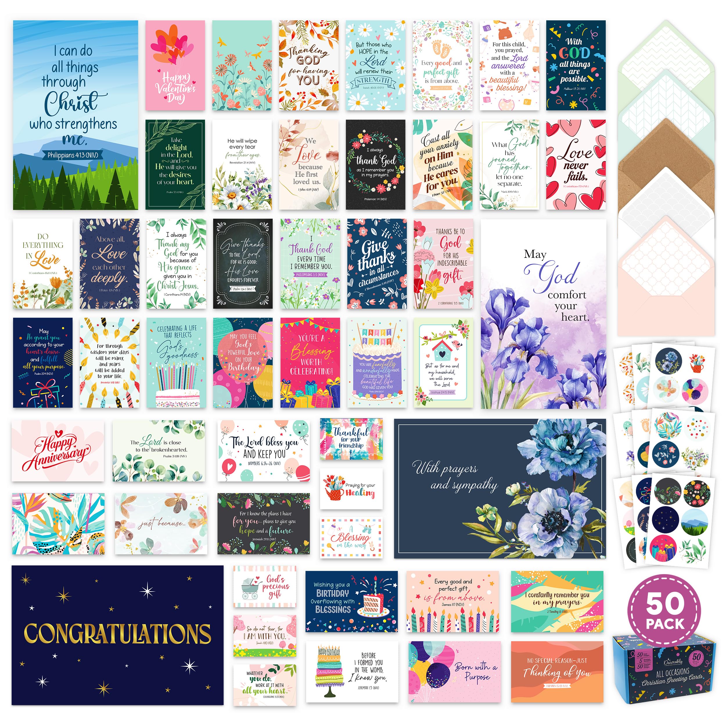 Decorably 50 Pack 4x6in Christian Greeting Cards Assortment Box with Envelopes and Stickers, 50 Religious Designs, Printed Message Inside - Birthday,