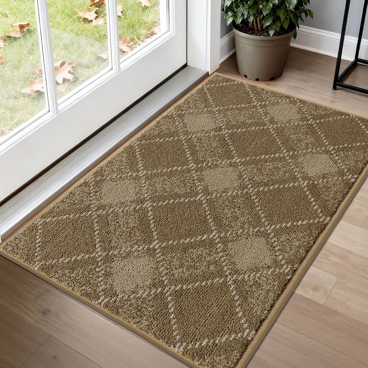 COSY HOMEER Plaid Door Mat 20" x 32",Dirt Trapper Entryway Rugs,Non-Slip Washable Farmhouse Doormat,Low Profile Welcome Mats for Paws Taupe