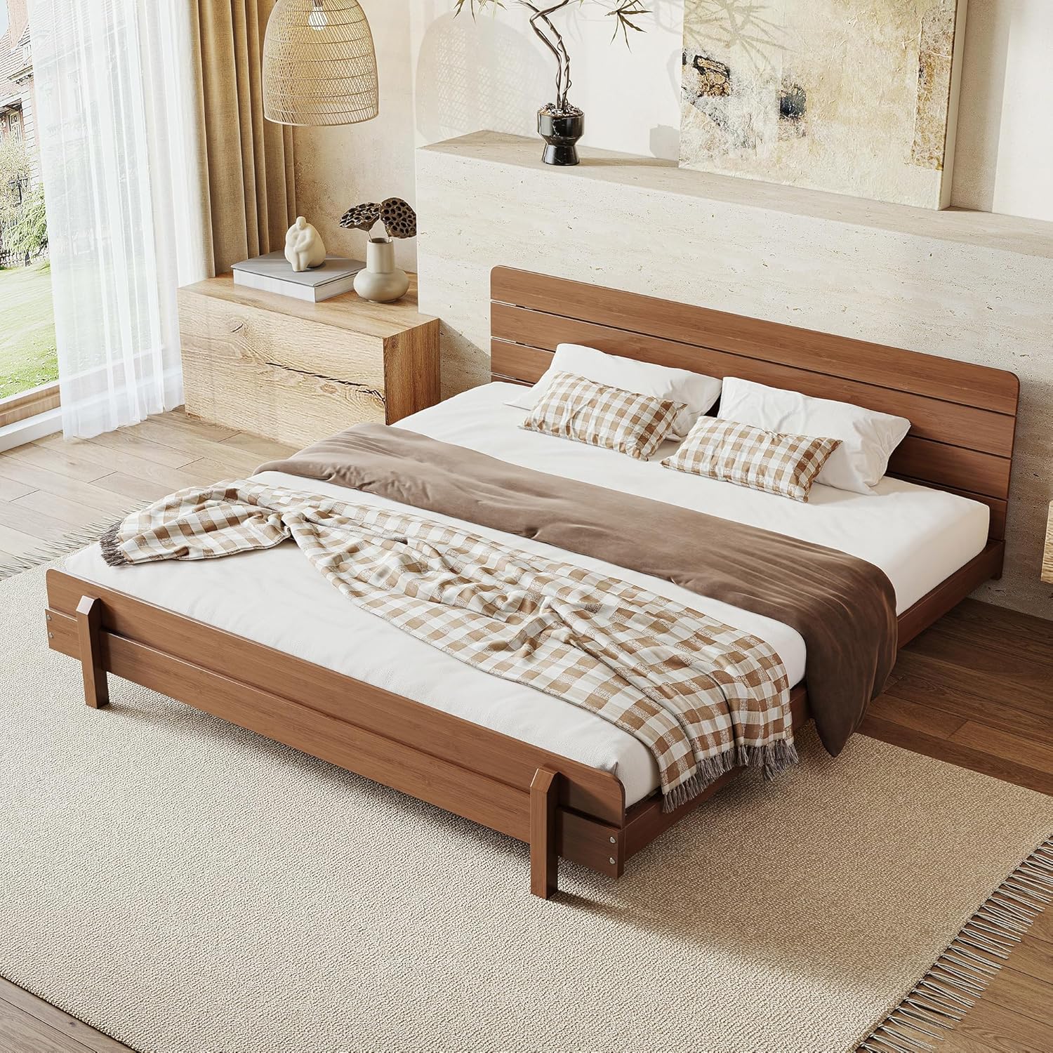 Harper & Bright Designs Wood Bed Frame King with Headboard, Low Platform Bed with Sturdy Slats Support, Rustic Style, Easy Assembly, Brown