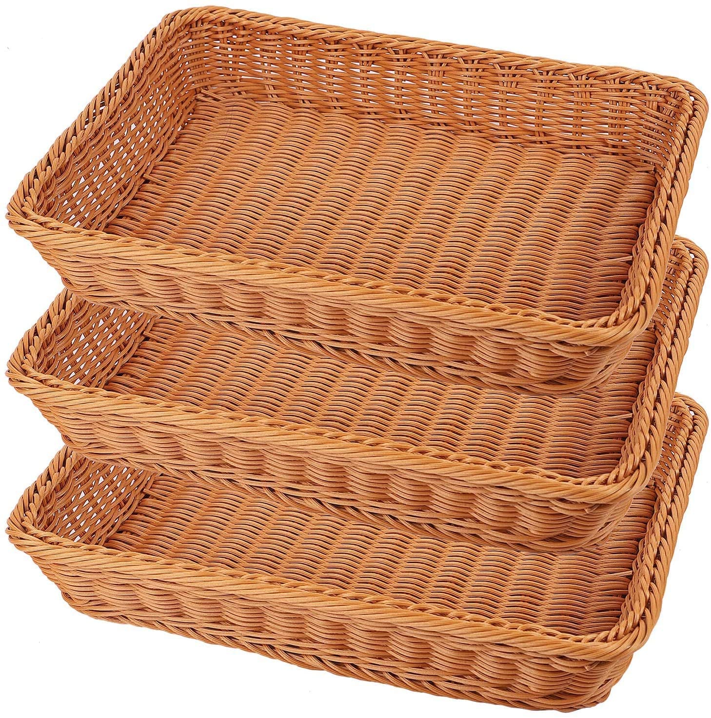Mofish3-Pack Rattan Bread Basket, Handmade Woven Fruit Basket, Rectangular Snack Serving Bowl for Home Restaurant Hotel and Storage Organizer for Kitchen