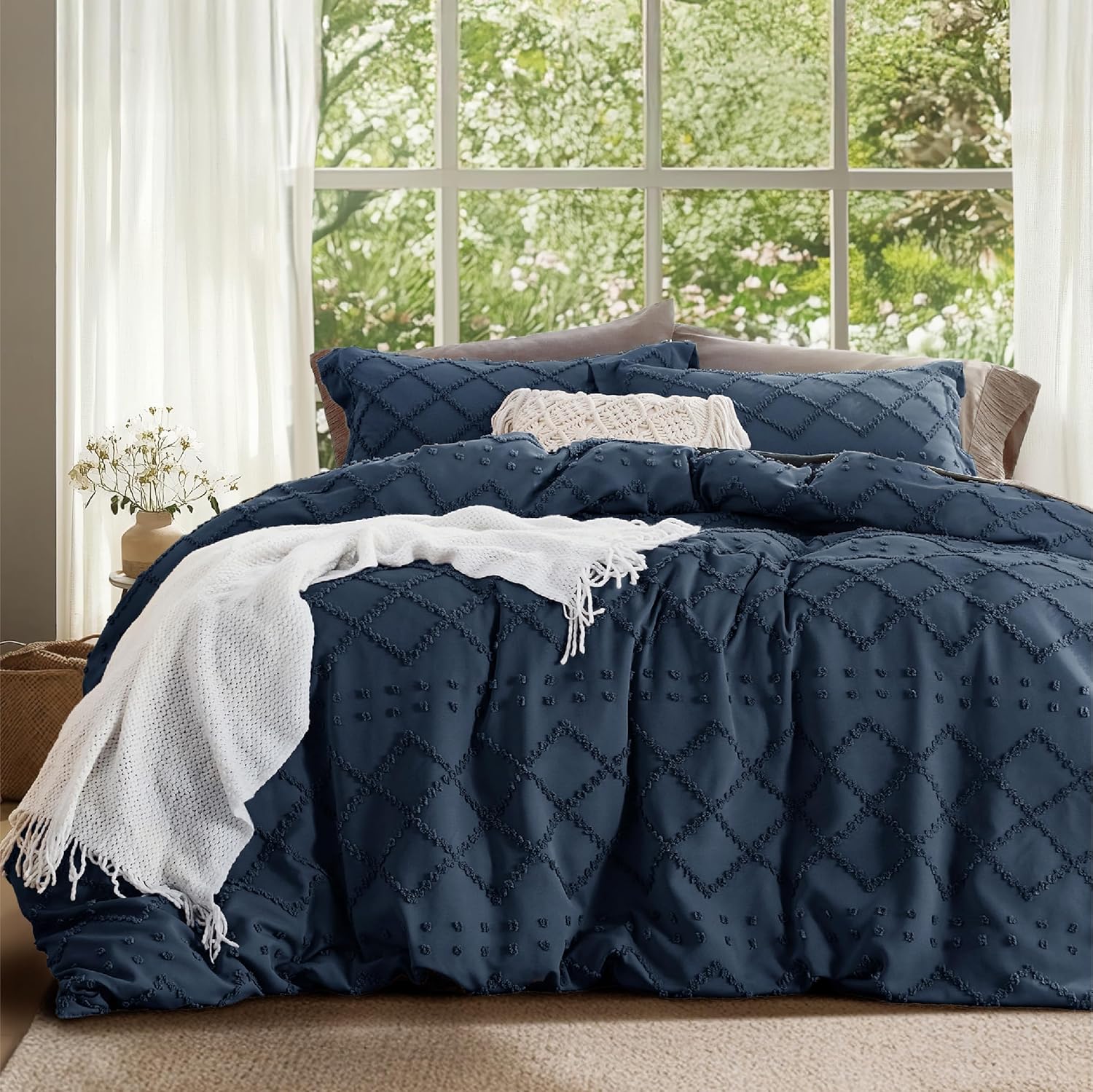 Bedsure Boho Duvet Cover King Size - Boho Bedding, Tufted King Duvet Cover for All Seasons, 3 Pieces Embroidery Shabby Chic Home Bedding,Comforter Not Included (Navy, 104" x 90") 03 - Navy (No Comforter) King (104" x 90")
