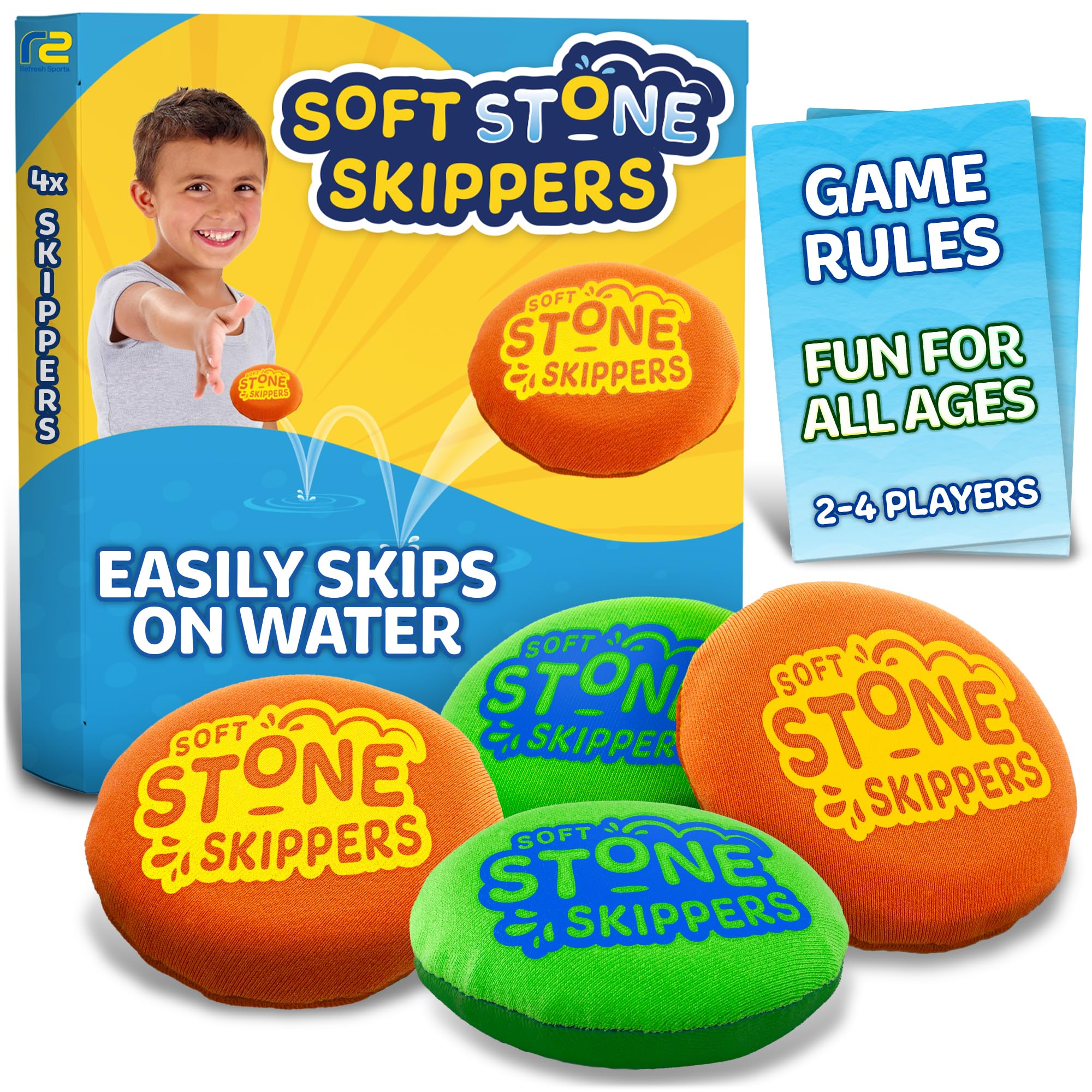 Soft Stone Skippers Game – Fun Pool Toys for Kids All Ages - 4 Pack Water Skipping Discs Set – Best Beach Games Gifts for Boys & Girls Ages 5 6 7 8 9 10 11 Year Old & Up - Water Bouncing Skip Ball Toy