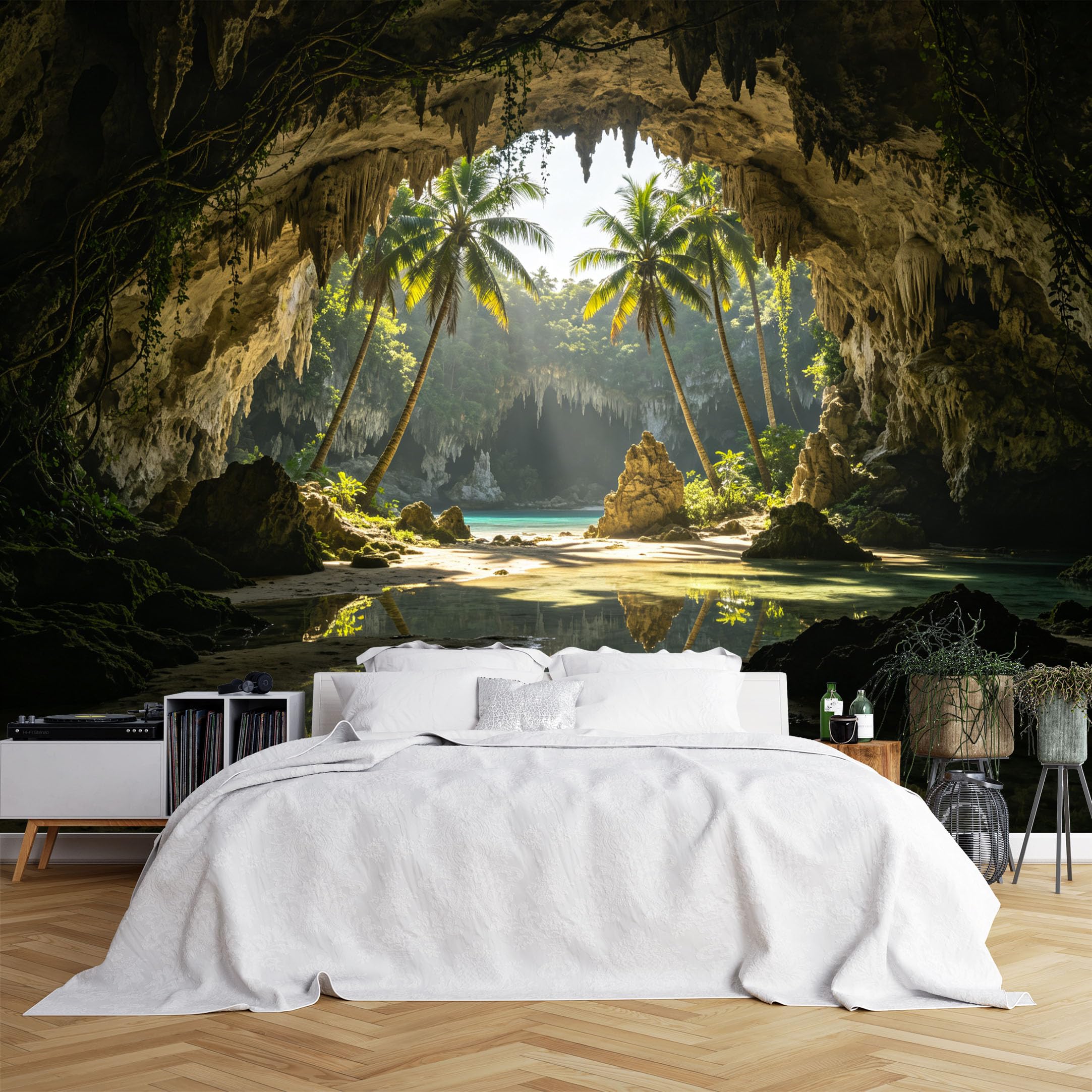 Lcythiazole Ch260615166 Custom Size Wall Murals Hidden Cave Beach Palm Tree Water Reflection Wall Murals Tropical Seascape Wallpaper Hd Self-Adhesive Removable Wallpaper For Villa Living Room