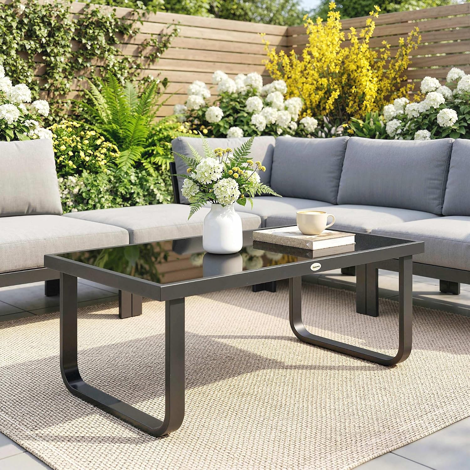 Outsunny Outdoor Patio Coffee Table with Tempered Glass Tabletop Black | Rectangle Metal Side Table, Adjustable Foot Pads, for Deck, Balcony, Lawn